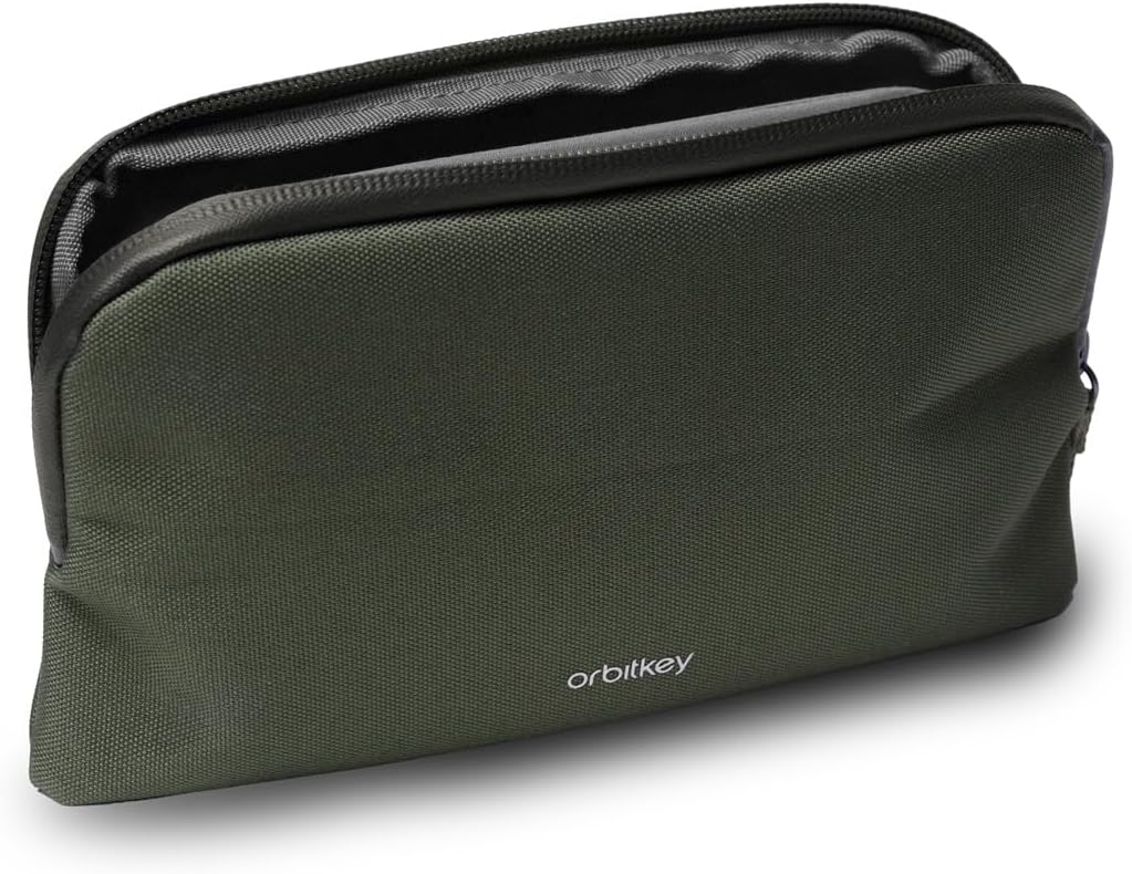 Olive Expandable Desk Storage Pouch – Fold-Down Access Panel, Pen Loop, Recycled Water-Resistant Material – Self-Standing Organizer for Office, Travel, Tech Gear