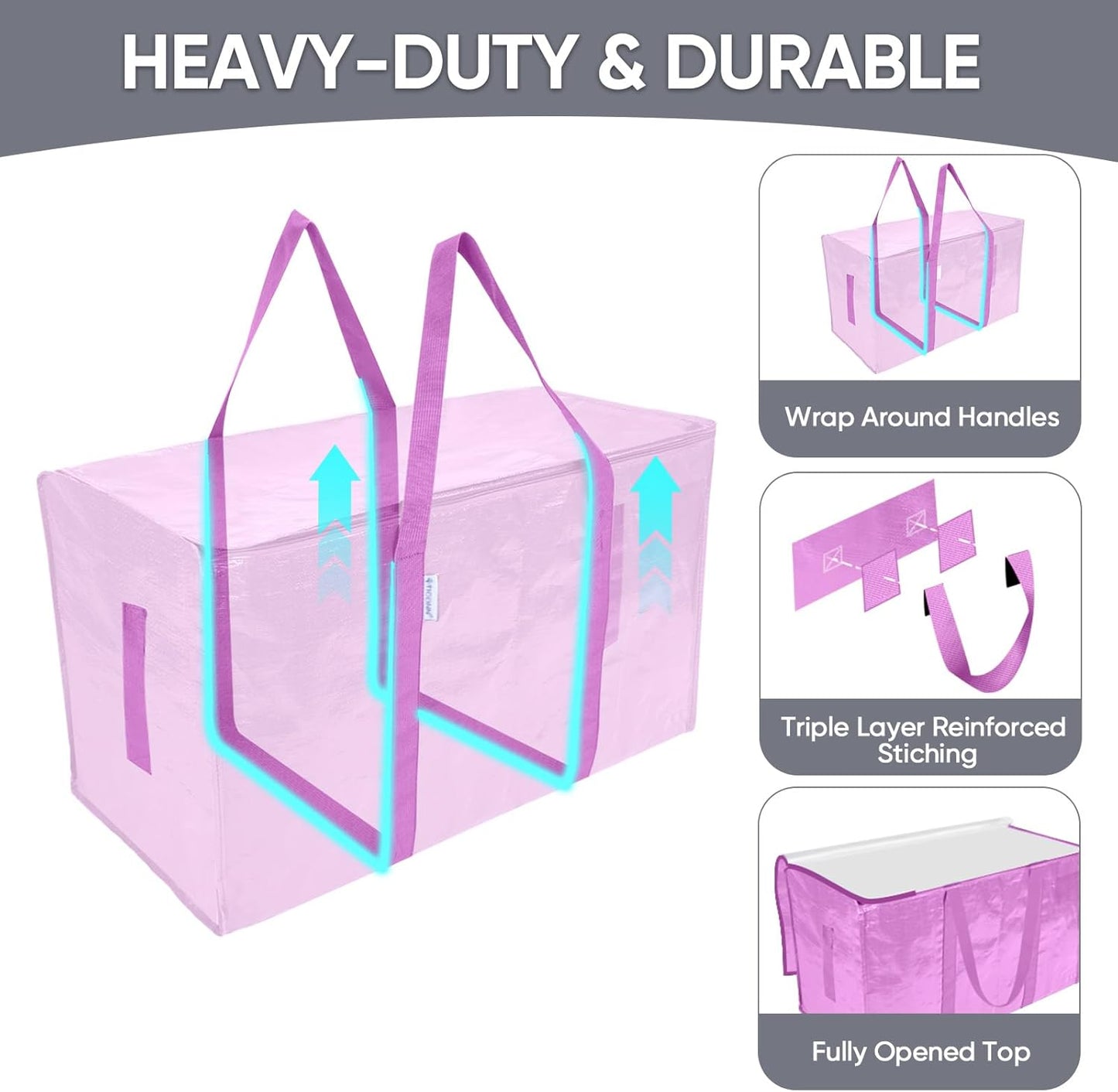 TICONN 2 Pack Extra Large Moving Bags with Zippers & Carrying Handles, Heavy-Duty Storage Tote Moving Boxes for Space Saving (2 Pack, Pink)