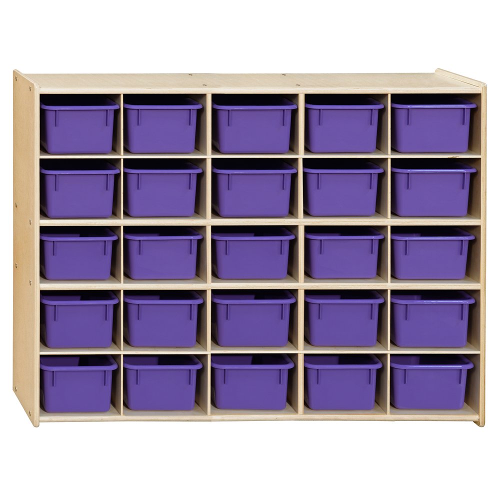 Contender 25 Trays Birch Hardwood Shelving Unit with Purple Bins, Kindergarten, Home-School, Daycare Organizer for Toys, Art and Craft Supplies [ Fully Assembled ]