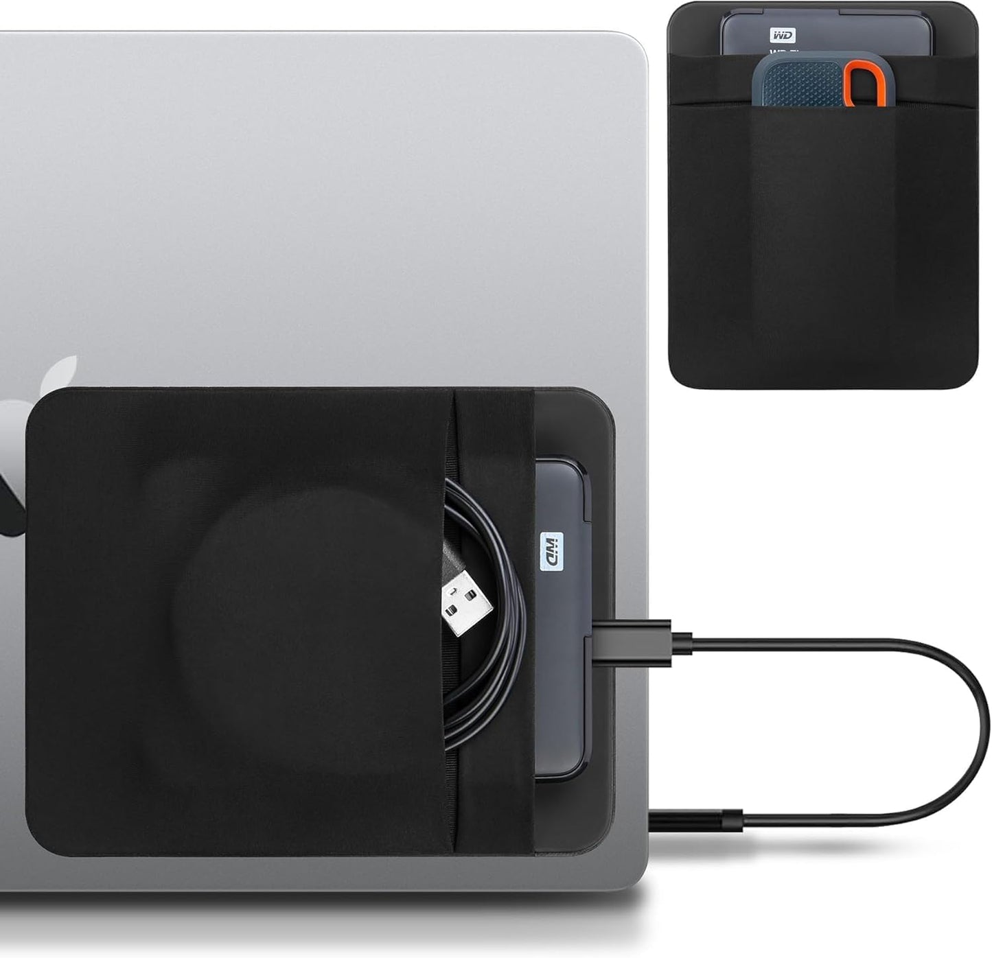 Lacdo Portable External Hard Drive Carrying Case, 2-Pocket Stick on Pouch Holder for Laptop, Fit 2.5" Seagate, WD, Toshiba External HDD, SSD, Wireless Mouse,Cable, Sleeve with Reusable Adhesive, Black