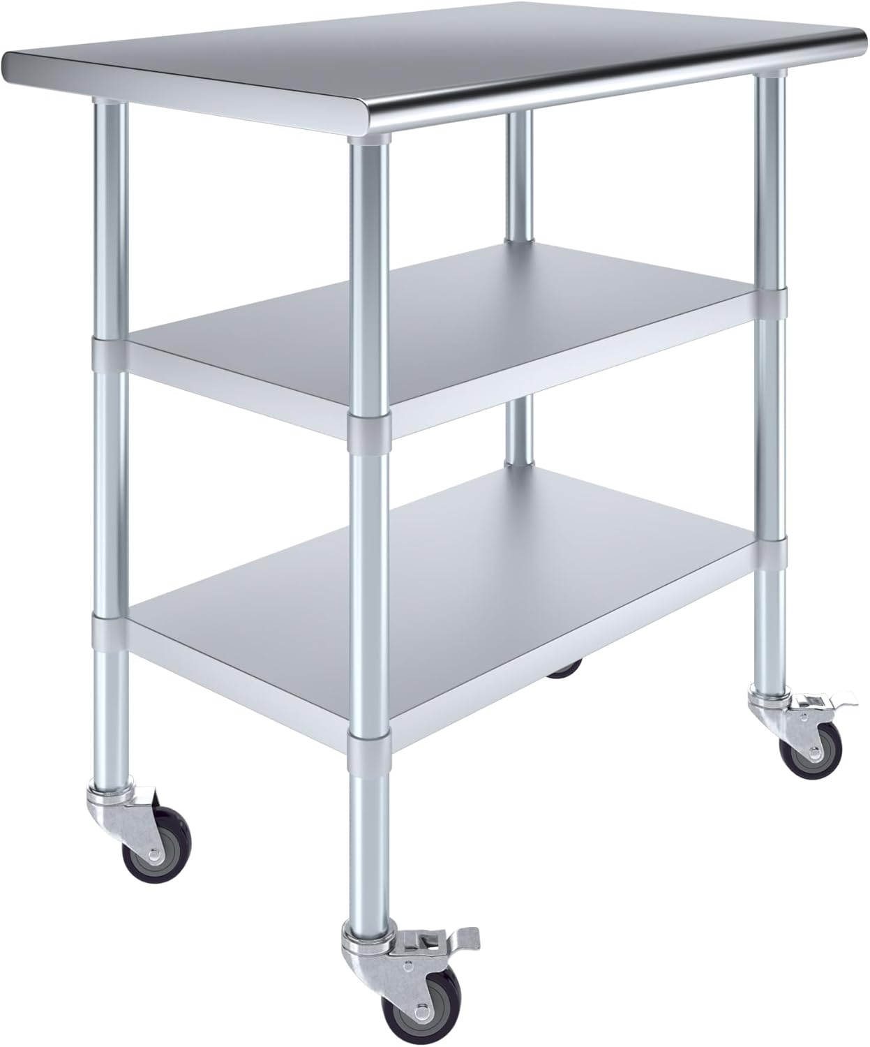 AmGood Stainless Steel Work Table with 2 Shelves and Casters | Metal Utility Table On Wheels (Stainless Steel Work Table with 2 Shelves + Casters, 36" Long x 24" Deep)