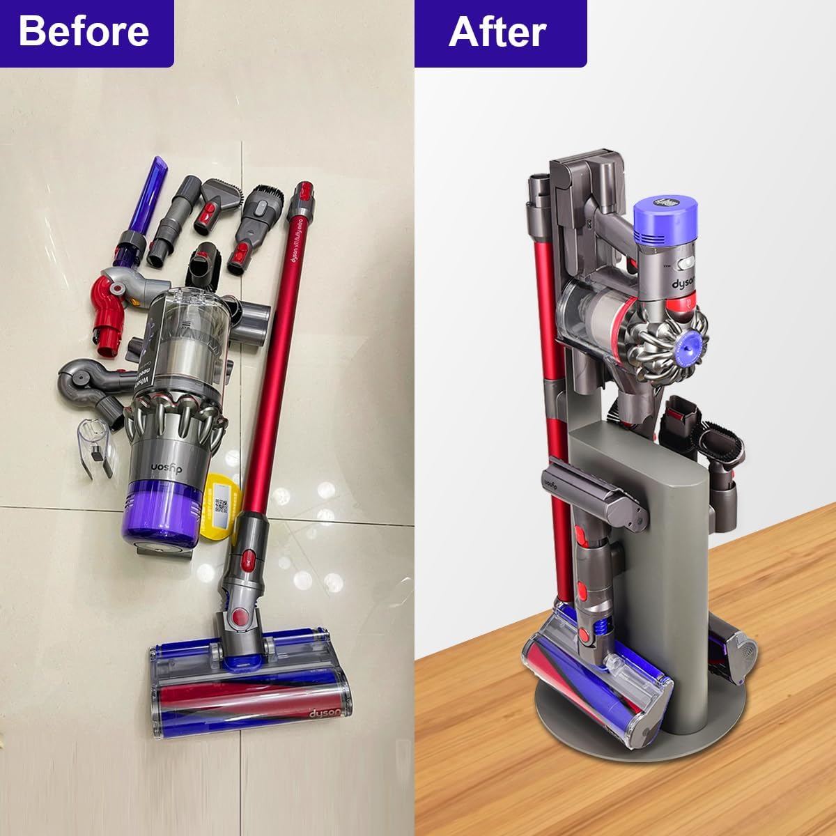Vacuum Stand Holder for Dyson V15 V11 V10 V8 V7 V6 Cleaner, Stable Metal Storage Rack, Drill-Free Organizer Bracket Compatible with Dyson Cordless Vacuum Cleaner and Its Tools, Grey