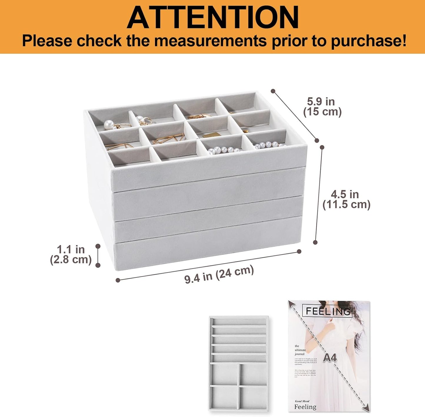 ProCase Stackable Jewelry Organizer Trays for Drawers, Jewelry Drawer Inserts Container Display Case Storage for Earring Necklace Ring Bracelet Sunglasses Glass -Grey, 4 Layers