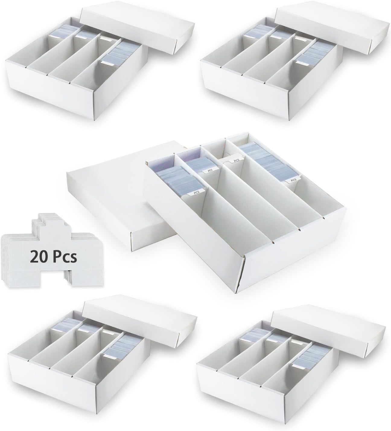 4 Row Trading Card Storage Box, 5 Pack 3200 Count White Cardboard Storage Box with Supporters and Divider for Basketball/MTG/TCG/Sports/Game Cards Organizer and Collection