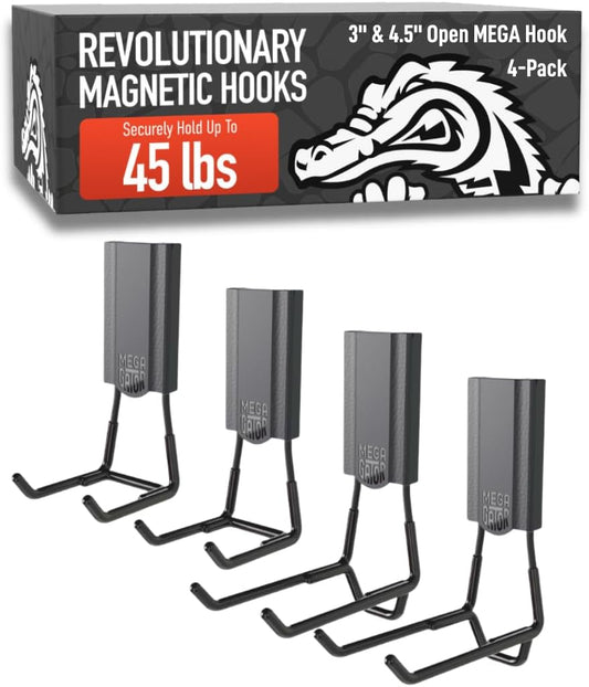 GATOR MAGNETICS MEGA 3 & 4.5" Open Hooks, 45 lb Heavy Duty Magnetic Hooks for Steel Surfaces, Patented Easy-Release, Non-Slip Grip – Storage & Organization, Garage, Home Tools & Gear Storage – 4 Pack