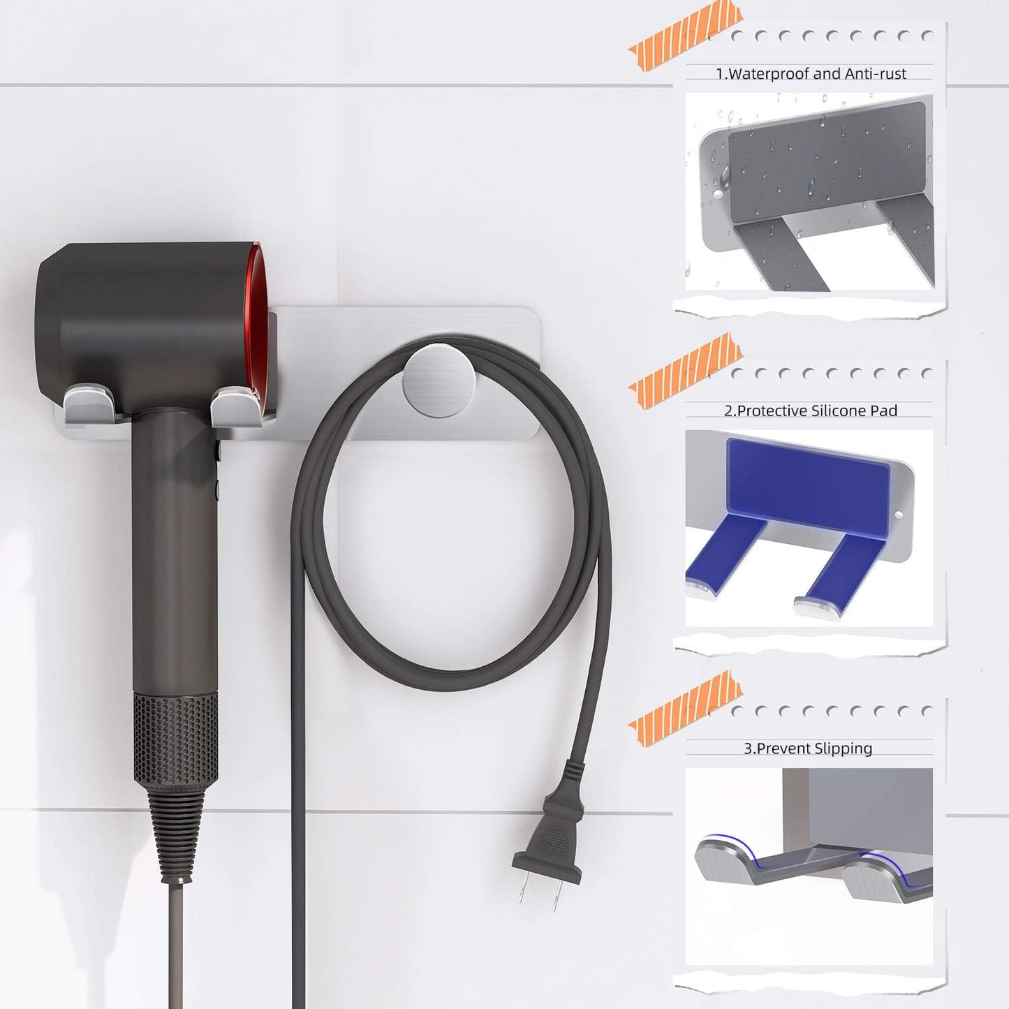 FLE Hair Dryer Holder Wall Mounted, Stainless Steel Self Adhesive Blow Dryer Holder Rack for Dyson Supersonic Hair Dryer,Silver