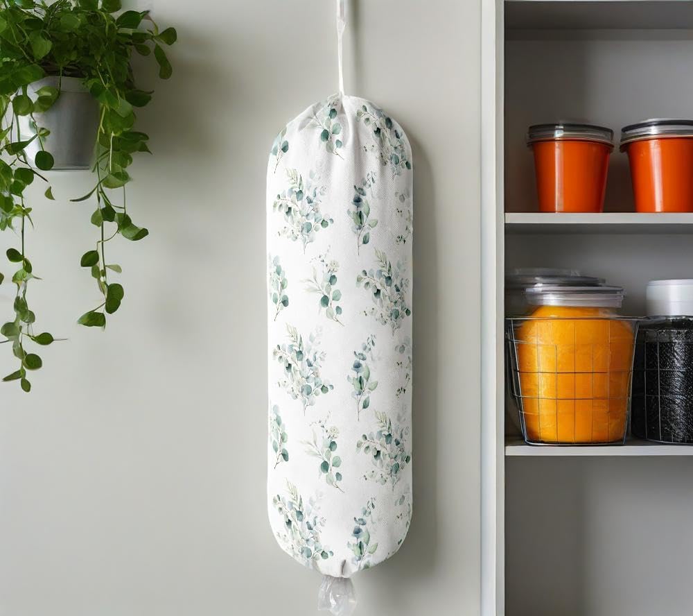 Plastic Bag Holder Wall Mount Grocery Bag Holder for Plastic Bags Organizer for Kitchen,Cute Cat Home Kitchen Decor Gifts for Women(Eucalyptus Leaves)