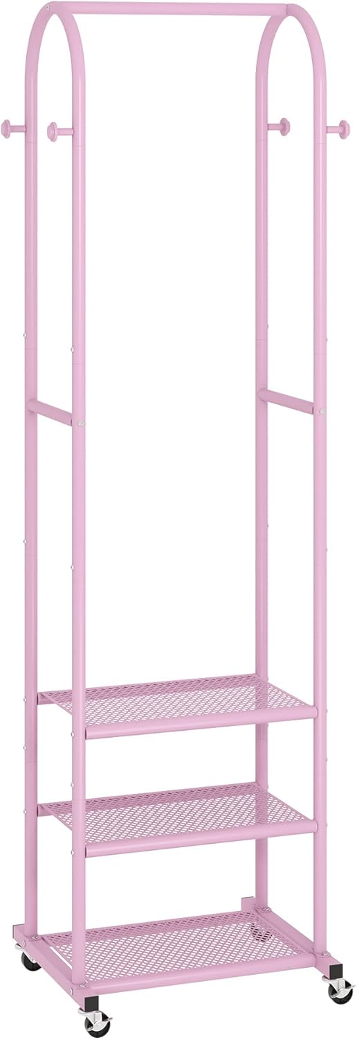 Heavy Duty Clothing Rack with Wheels,Modern Garment Rack with 3 Metal Shelves, 71.8Inches Display Rack for Hanging Clothes, Hanging Rod for Small Space,Pink