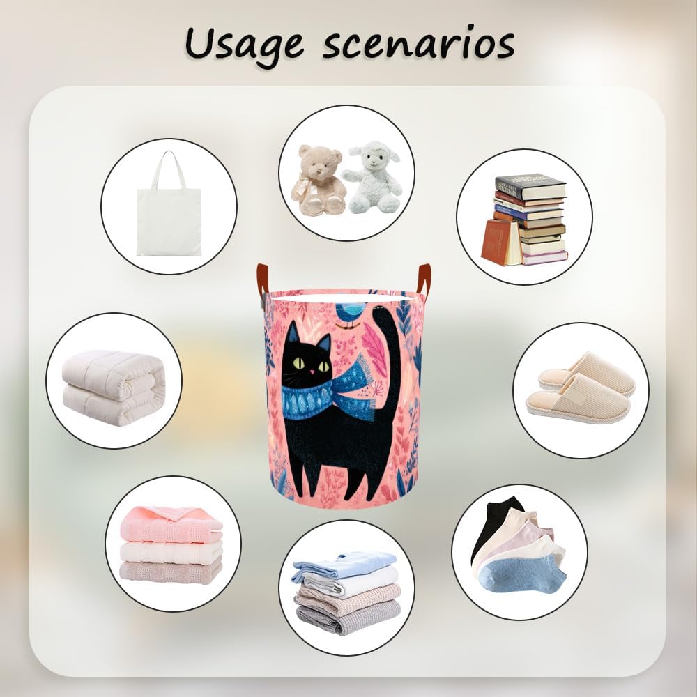 Laundry Baskets 15.7x19.7 Inch Large Black Cat Bird Floral Scarf Design Collapsible Laundry Hamper with Handles Oxford Fabric Clothes Storage Bin Foldable Dirty Clothes for Bedroom Bathroom Dorm