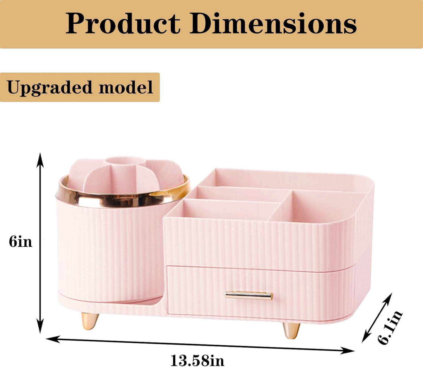 Rotating Makeup Organizer for Vanity with Brush Holder and Drawer, Cosmetic Makeup Storage, Large Spinning Makeup Skincare Organizer, Countertop Makeup Perfume Organizer, Lotions Display Case (Pink)