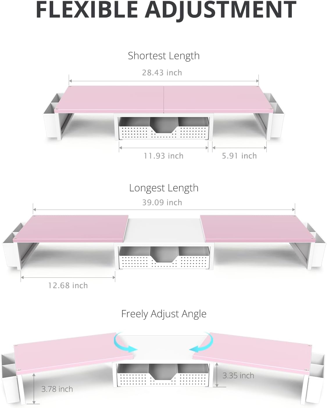 OPNICE Wood Desk Organizers and Accessories, Dual Monitor Stand Riser with Drawer and 2 Pen Holders, Desk Shelf Computer Racks for Office Workspace Organizers, Desktop Organization (Pink＆ White)