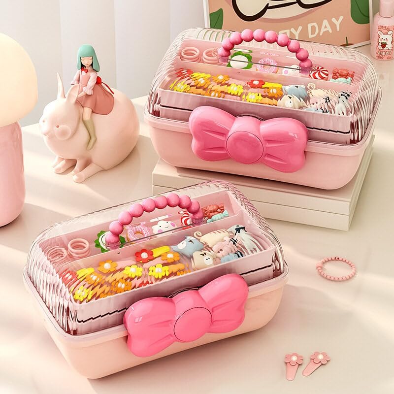 Bow Knot Hair Accessories Organizer Box Cute Dust Proof Childrens Jewelry Storage Box 3 Layers Plastic Storage Box for Hair Clips,Headbands,Hair Bands,Jewelry,Etc