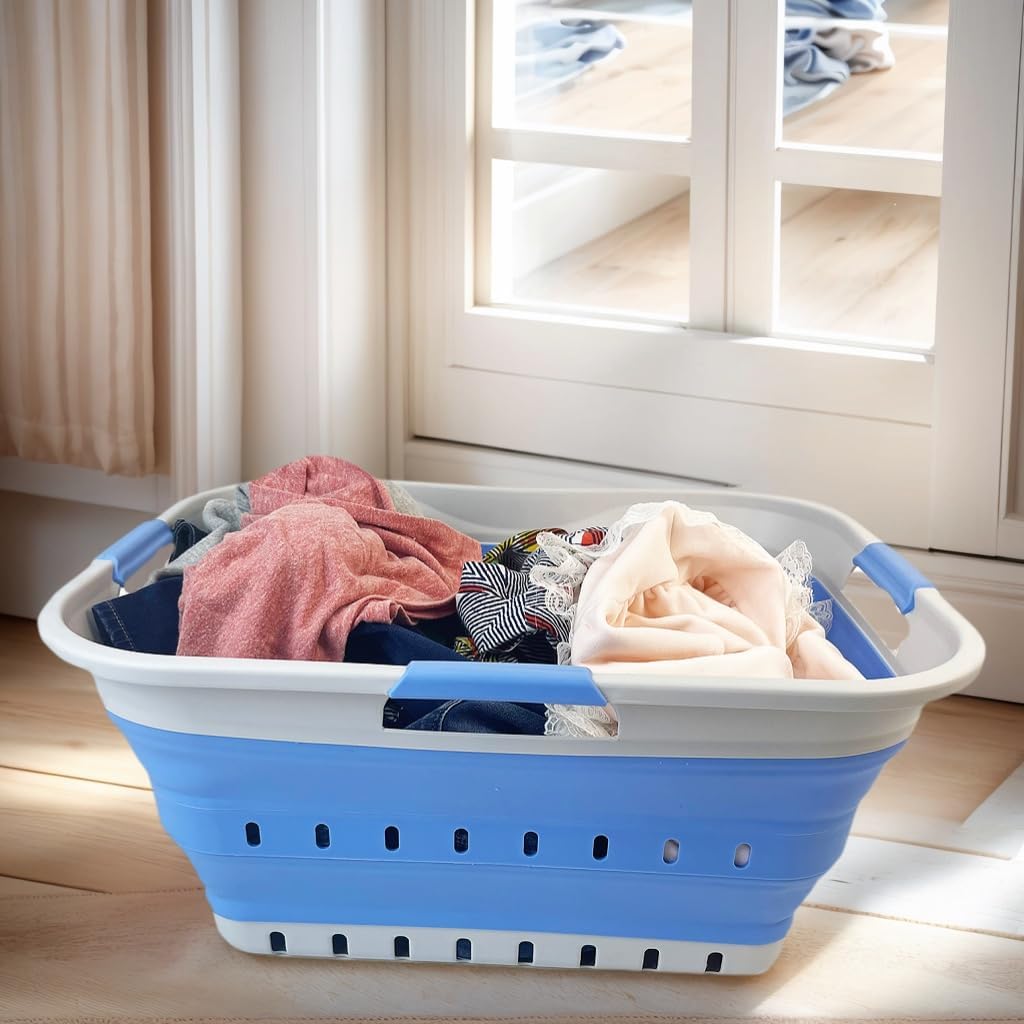 SAMMART 42L (11 gallon) Collapsible Plastic Laundry Basket - Foldable Pop Up Storage Container/Organizer - Space Saving Hamper/Basket (1, Grey/Little Boy Blue)