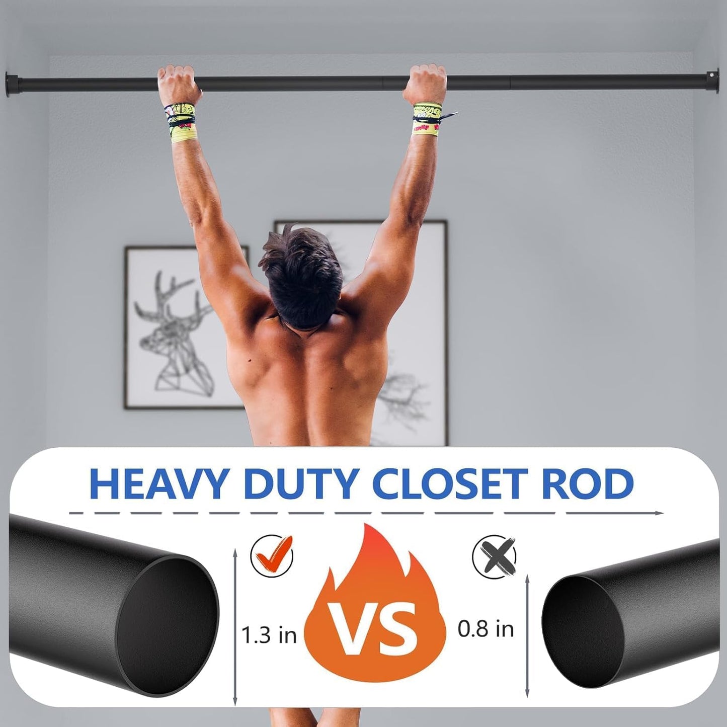 Closet Rod, 17 to 68 Inch Closet Rods for Hanging Clothes, Heavy Duty Adjustable Clothes Hanging Bar Rod Matte Black Closet Poles for Wardrobes, Closet, Bathroom, Windows,1.3 Inch Diameter