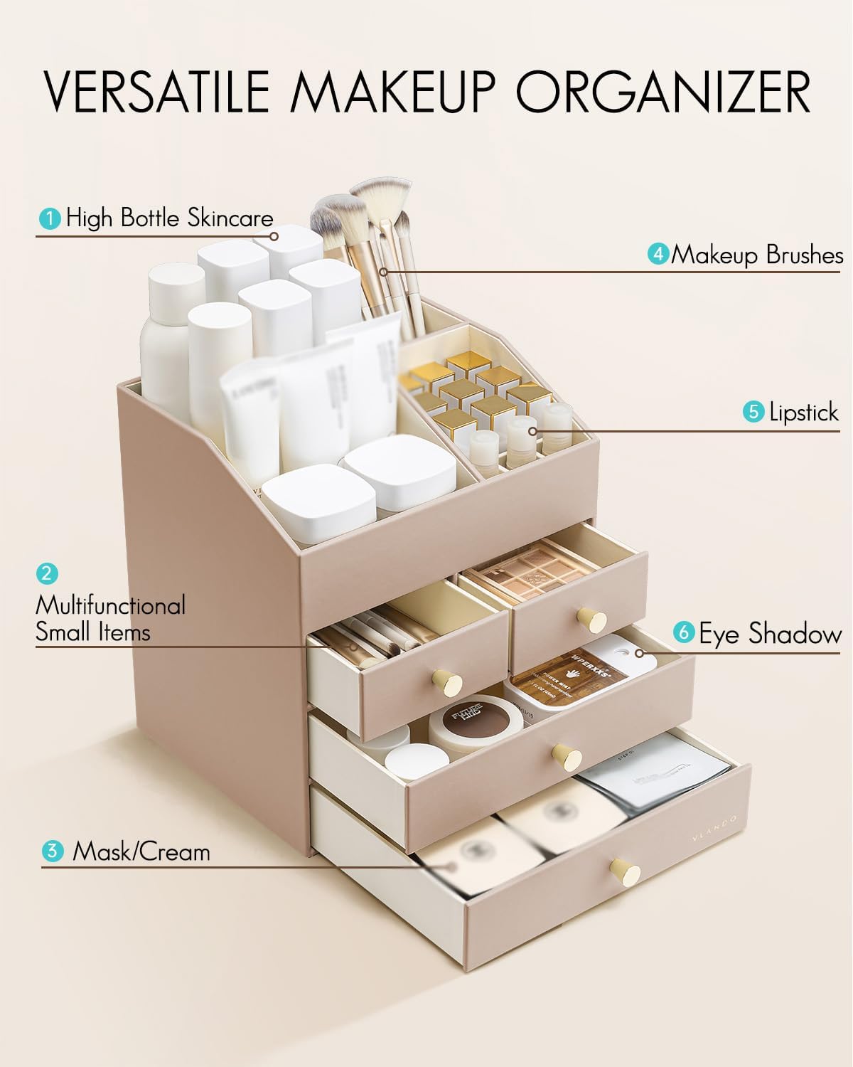 Vlando Makeup Organizer Countertop,Large Vanity Organizer PU Leather Make up Storage with 4 Drawers Skin care Organizer Cosmetic Display Case for Lipstick,Brushes,Bedroom-Toffee