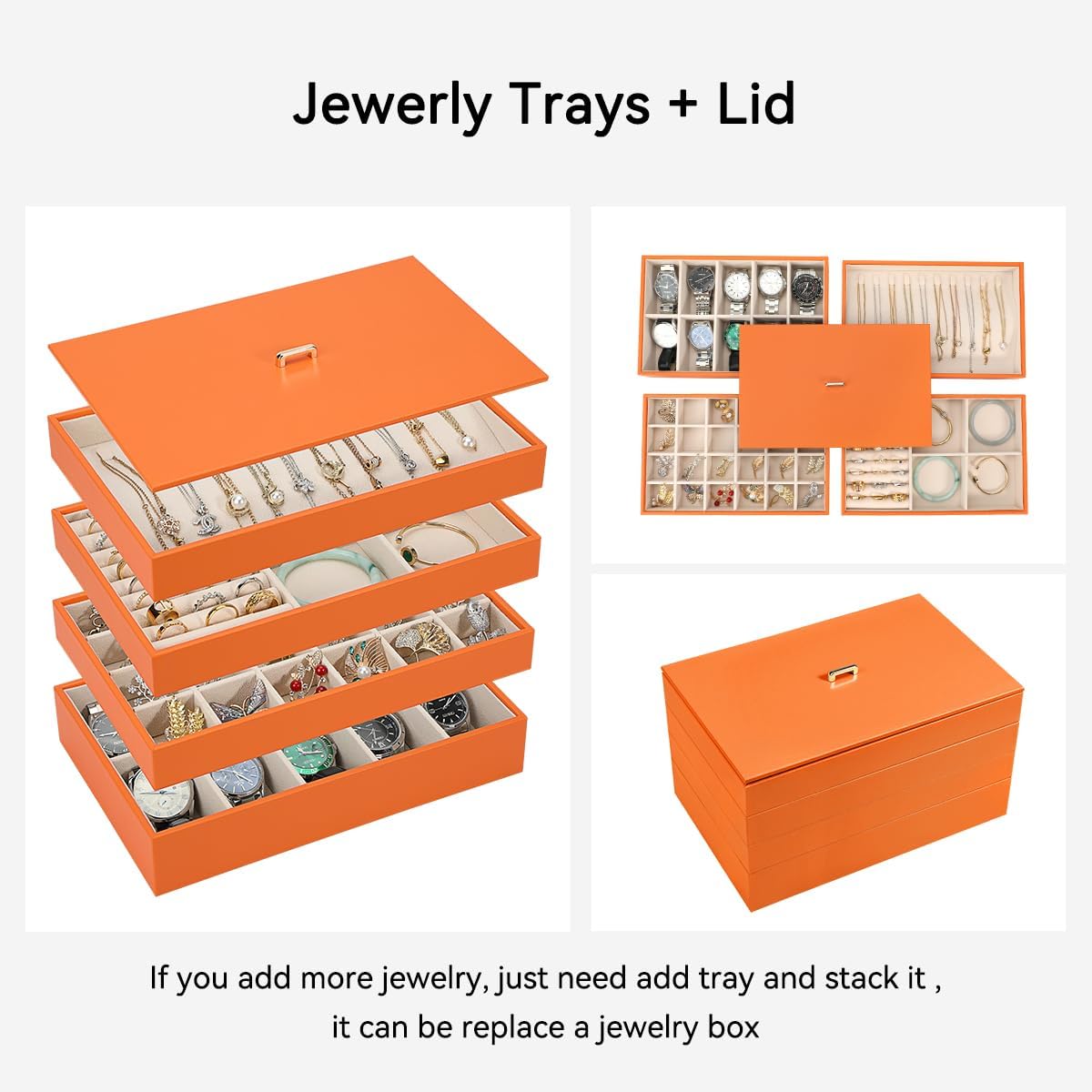 Voova Stackable Jewelry Organizer Tray with Lid, PU Leather Jewelry Storage Holder for Drawer Inserts, Jewellery Display Box Case for Earring Necklace Ring Watch Bracelet (Set of 4, Orange)