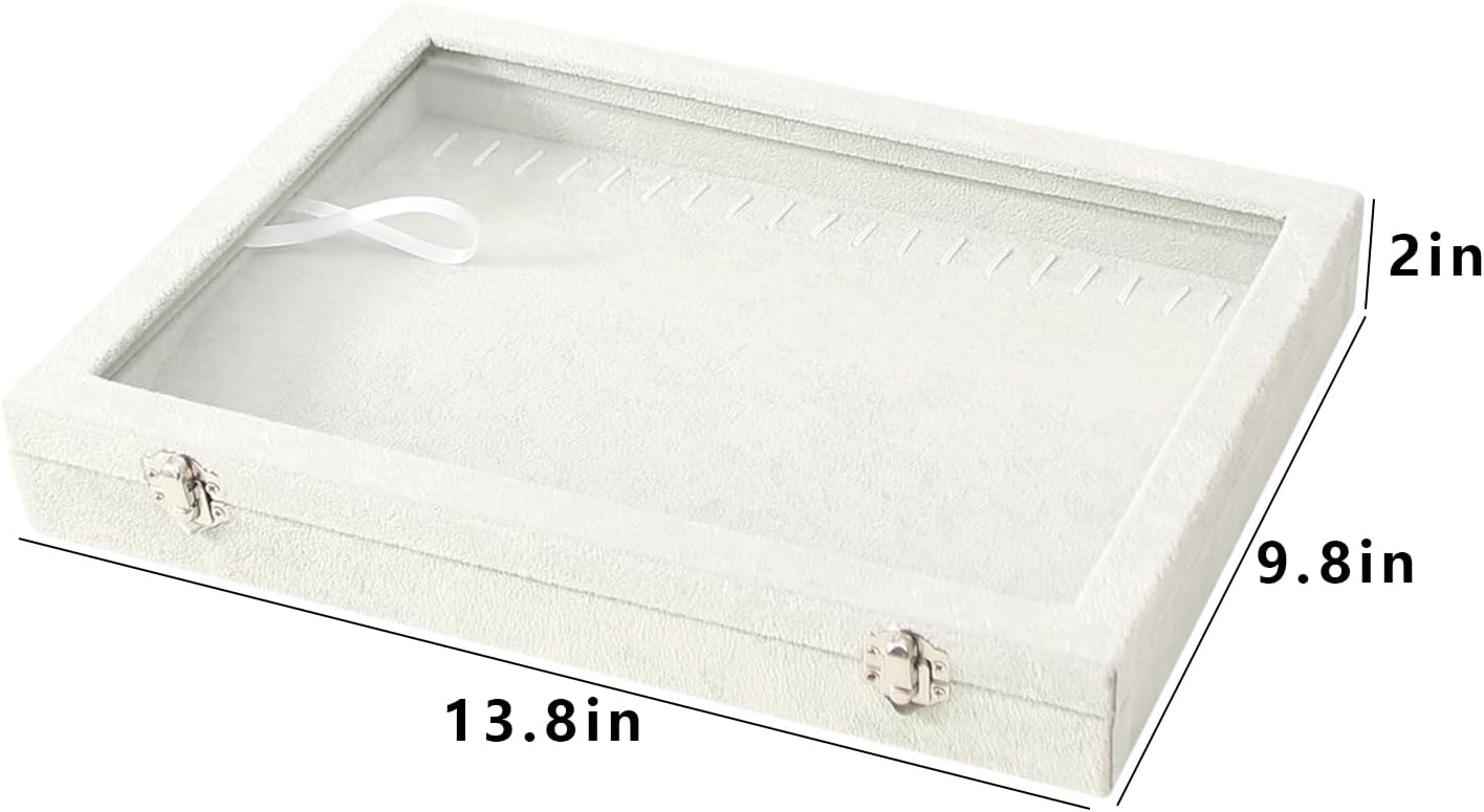Coward 20 Hooks Necklace Organizer Jewelry Box, Grey Beige Velvet Necklace Display Tray Case with Transparent Glass Lid for Home Use or Store Selling Show
