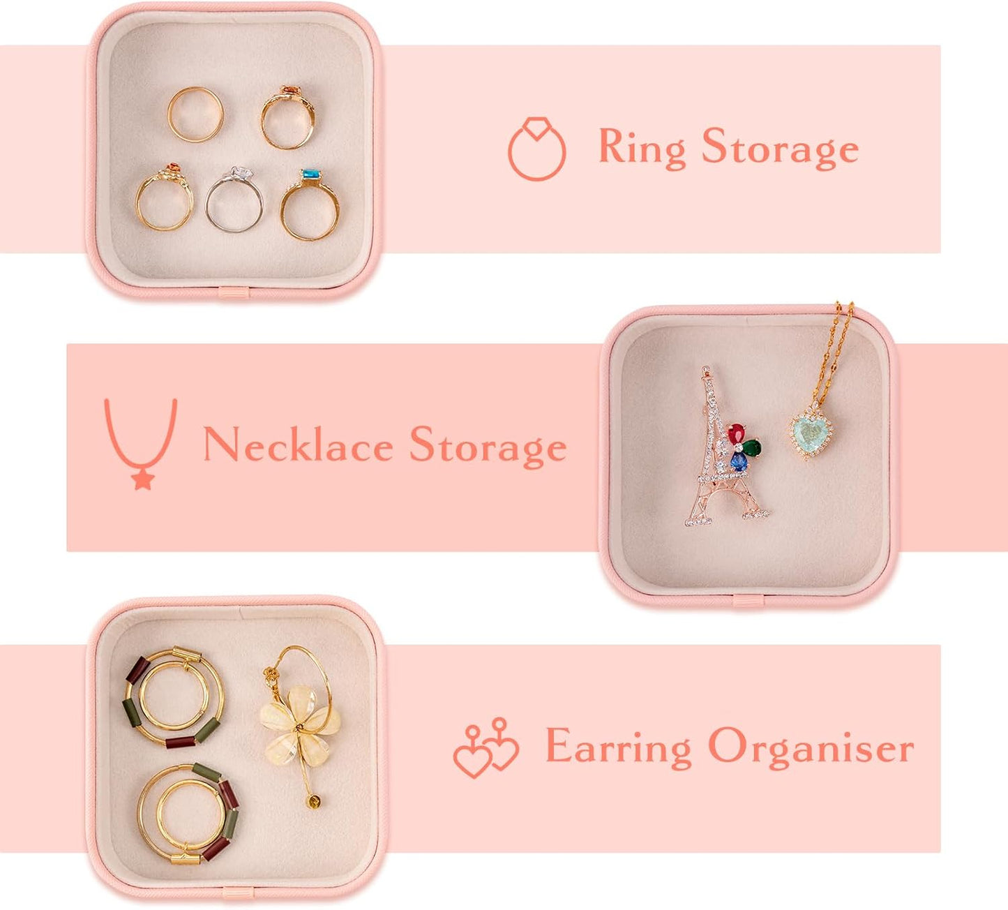 SANQIANWAN Set of 3 Small Stackable Jewelry Organizer Trays Mini Jewelry Drawer Oragnizer Small Jewelry Display Tray for Necklace Bracelet Rings Earrings and Makeup (LightPink)