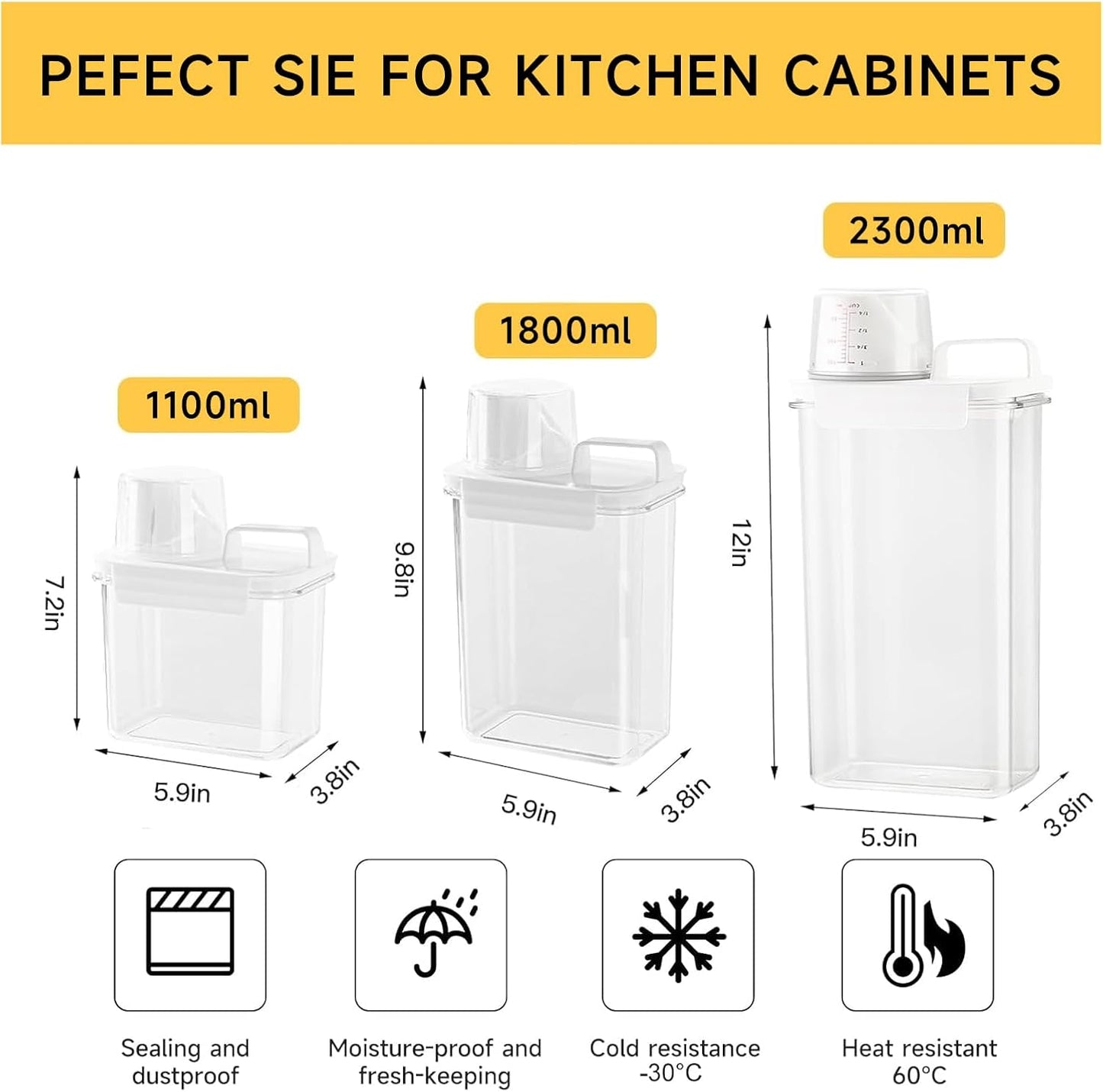 Storage Cereal Organizers Containers Sets,Food Grade BPA free PET Material Reusable，Airtight food storage containers with lids， kitchen organizers and storage Total(2 pcs 2300ml 2 pcs 1100ml)