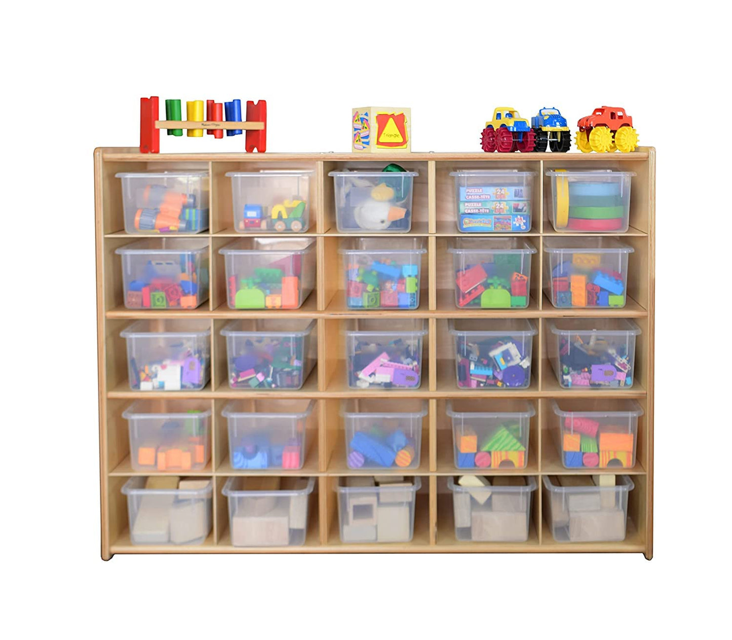 Contender 25 Tray Storage Cabinet with Translucent Trays, Fully Assembled, Wooden Organizer for Classroom, Daycare, or Home