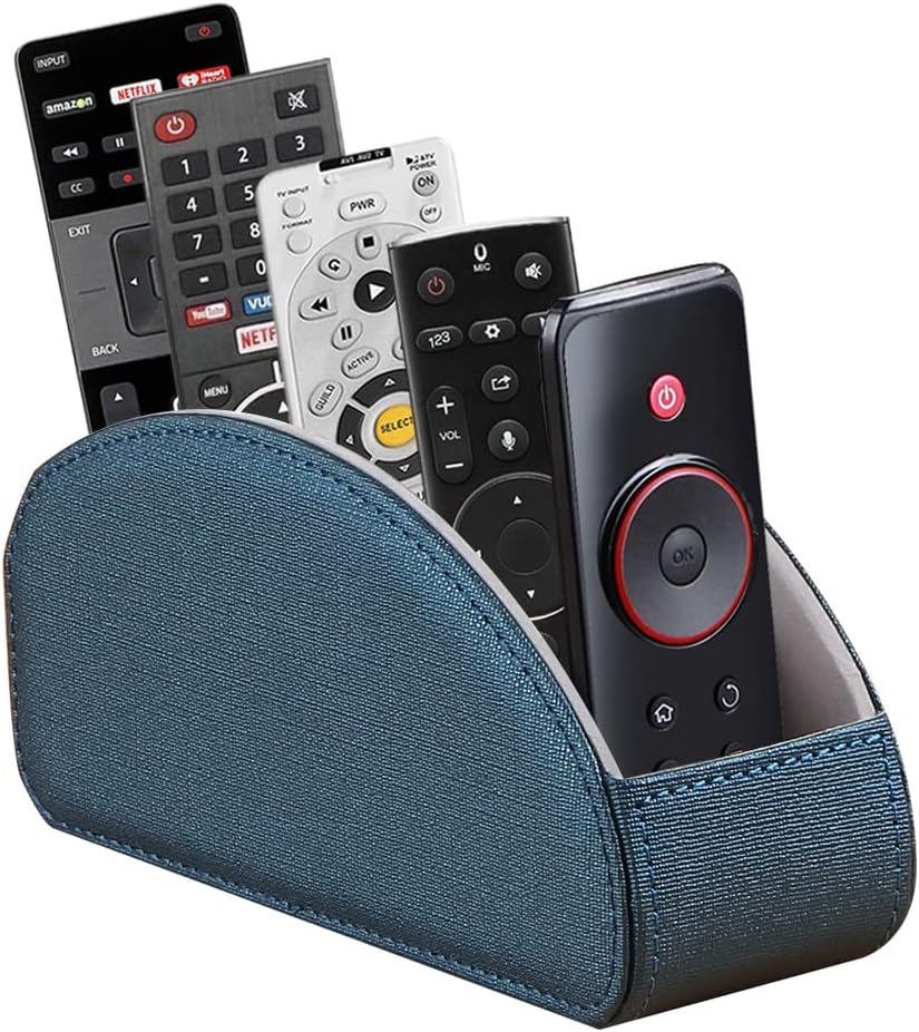 Leather Remote Control Holder,TV Remote Caddy with 5 Compartments,Desktop Organizer,for Store TV,DVD,Blu-Ray,Media Player,Heater Controllers(Blue)