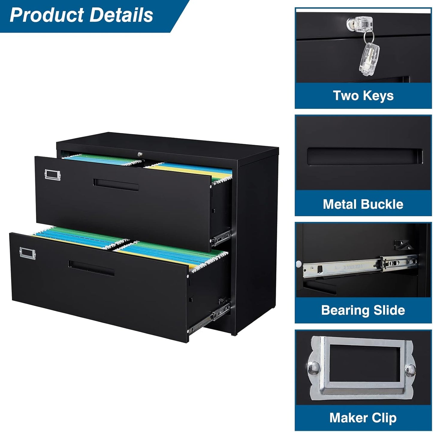 2 Drawer File Cabinet, Lateral Filing Cabinets for Home Office, Office Storage Drawers with Lock, Hanging Files Legal/Letter A4 Size (Assemble Required,Black)