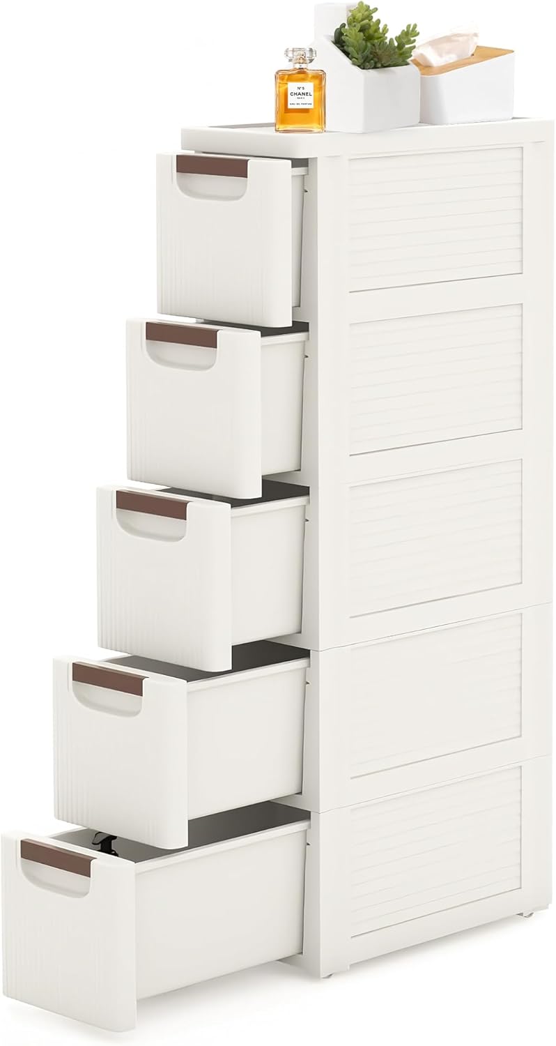5 Drawers Slim Bathroom Storage Cabinet Dresser, Narrow Plastic Rolling Cart Organizer with Drawers, for Small Spaces, Kitchen, Laundry, Office, Bedroom, White