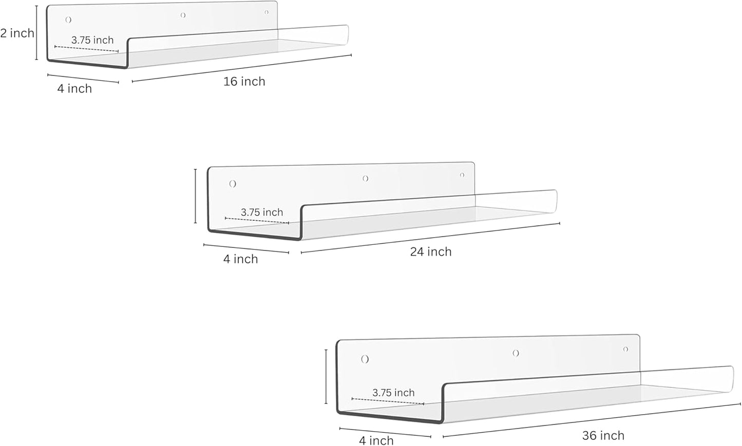 Rebecca Luxurious Acrylic Floating Shelves for Wall - 2 Pack of 36" x 2" x 4" - 5mm Thick Clear Book Shelf for Bathroom, Bedroom, Nursery, Kids Room with Easy Installation Hardware – Cute Bookshelf