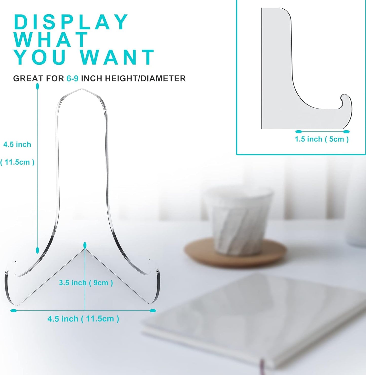 Boloyo 60-Degree Angle Acrylic Plate Display Stand , 4.5 Inch 2PC Clear Acrylic Display Holder Easel Base for Home Office Kitchen School Art Display