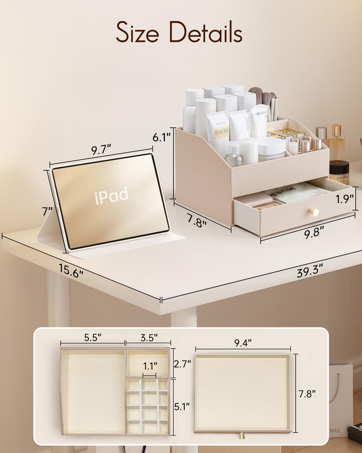 Vlando Makeup Organzier,Vanity Organizer with Drawers, PU Leather Skincare Organizer Perfume Organizer,Large Cosmetic Display Case for Lipstick,Brushes Gifts for Women-Toffee
