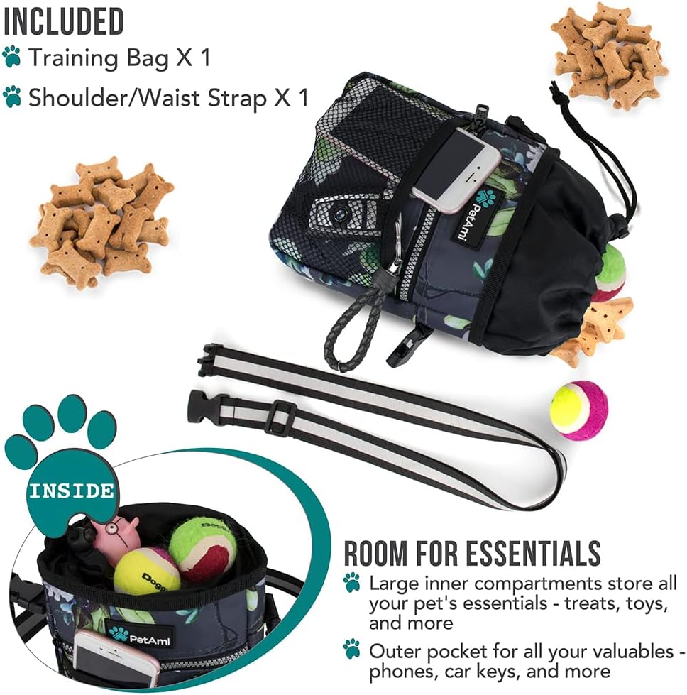 PetAmi Dog Treat Pouch, Pet Treat Pouch for Training, Dog Walking Bag Holder for Kibbles, Pet Food Toy, Dog Trainer Essentials Supplies, Poop Bag Dispenser, 3 Ways to Wear (Floral Grey)