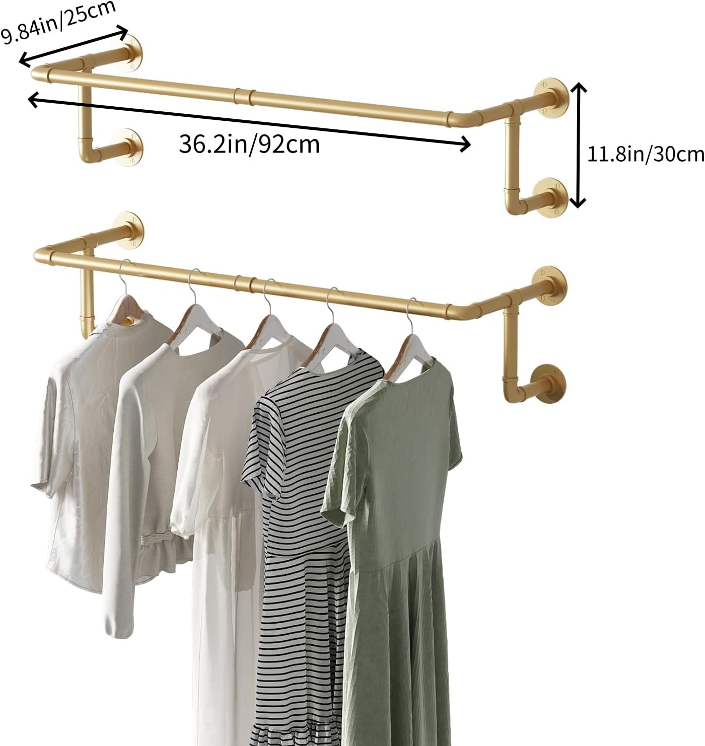 Industrial Pipe Clothing Racks 2 Pack, 36.2In Wall Mounted Clothes Rack, Gold Wall Clothing Racks for Hanging Clothes, Space Saving Closet Hanging Rod for Laundry Room, Bedroom
