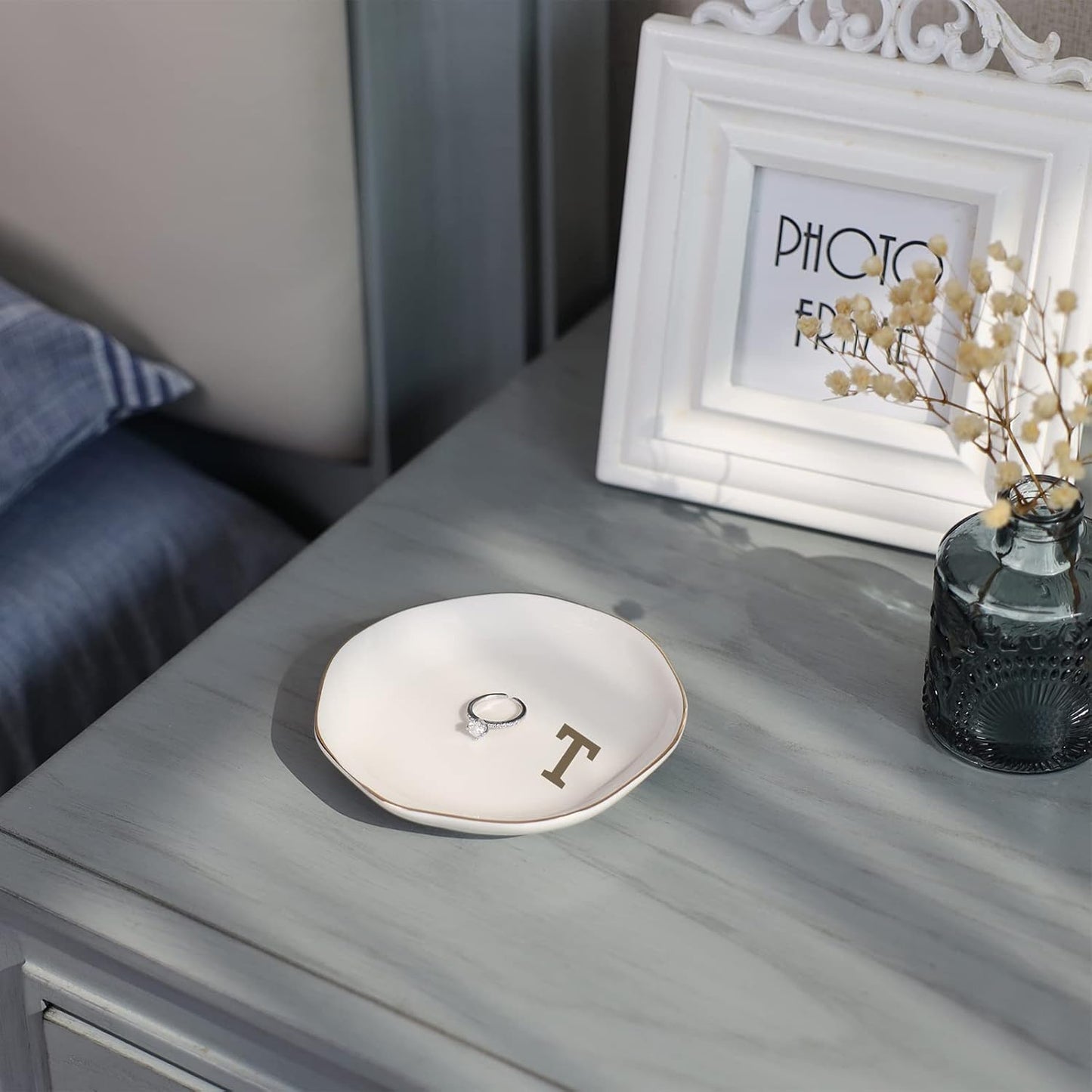 Initials Ring Dish Jewery Tray with Personalized T-Monogrammed Gifts Wedding Engagement for Women Friends Sister Teacher,Ceramic White