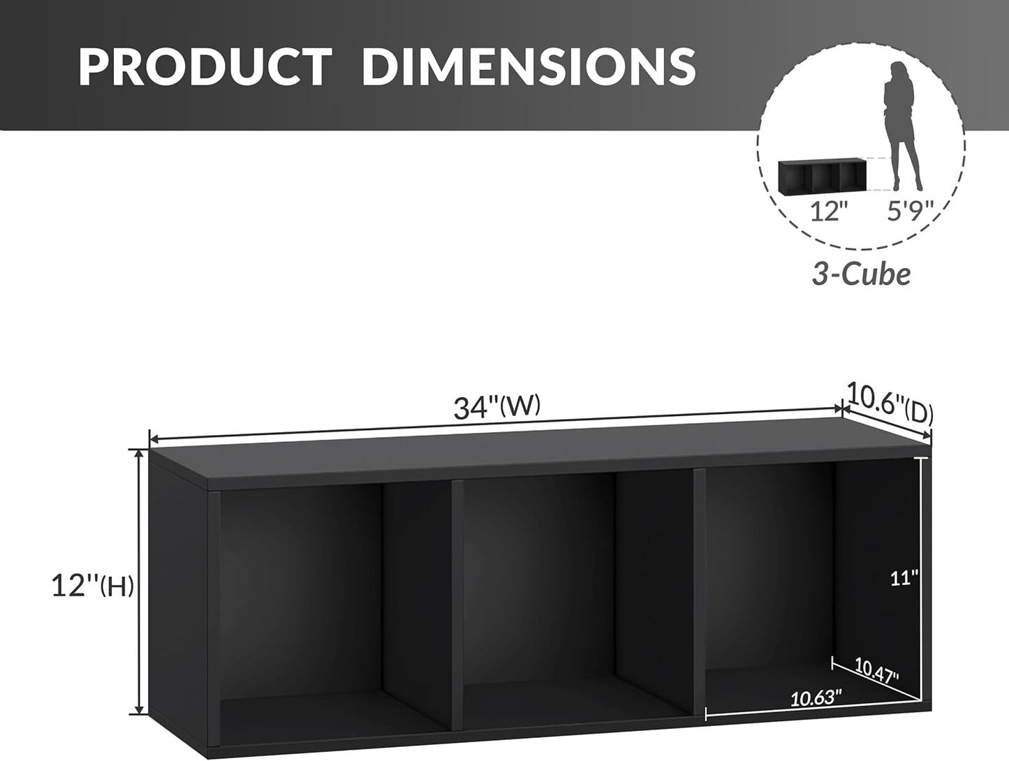 IOTXY DIY Modular Cube Bookcase - CubeXY Customizable Stackable Expandable Basic Shelving Units, 3-Cube Wooden Open Bookshelf for Fabric Storage Bin Organizer, Black