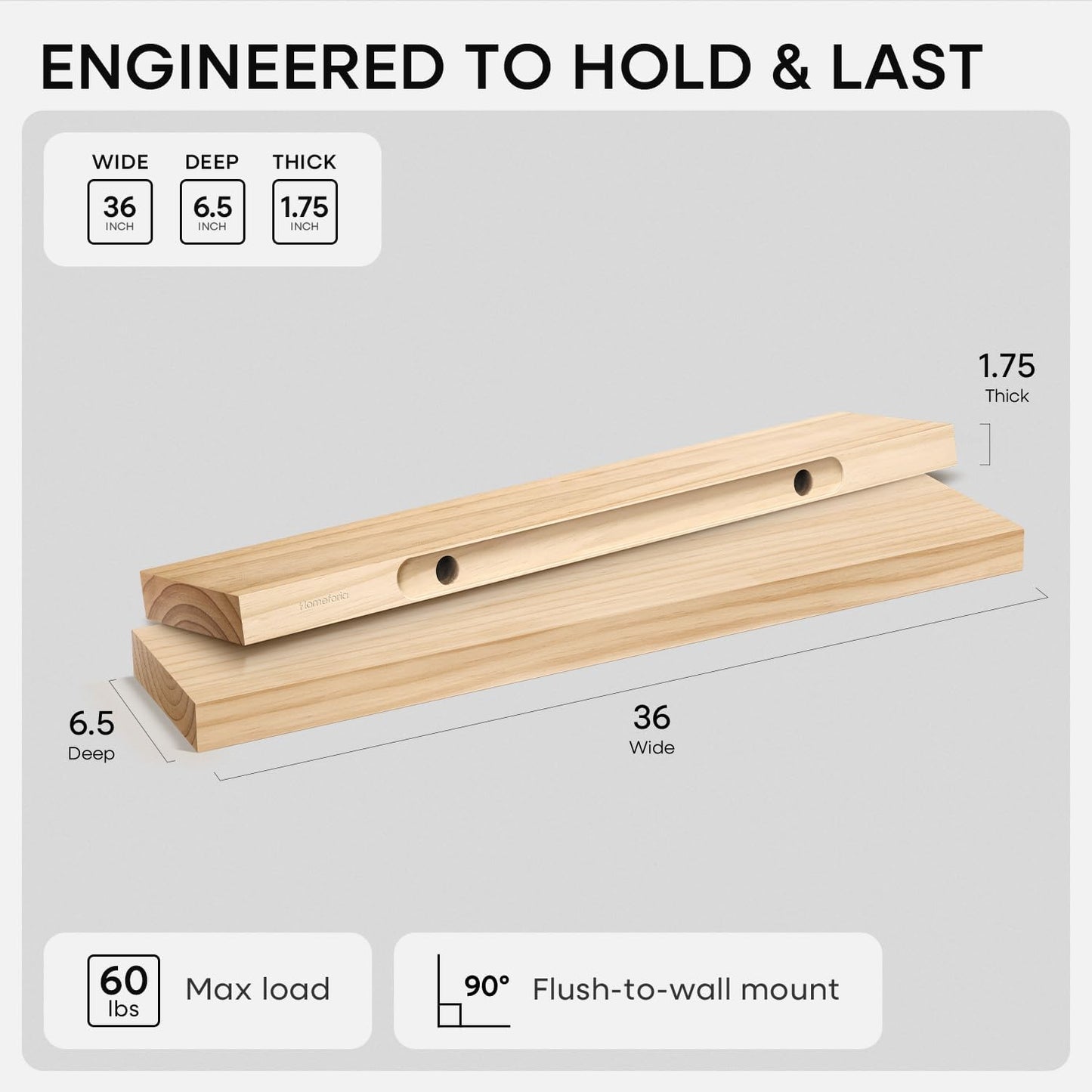 Homeforia 36 inch Natural Floating Shelf, High End Solid Real Wood 36inch Small Floating Shelves for Wall Mounted, Natural Wooden Floating Shelves, Heavy Duty Bracket, 36 X 6.5 X 1.75 in, Set of 4