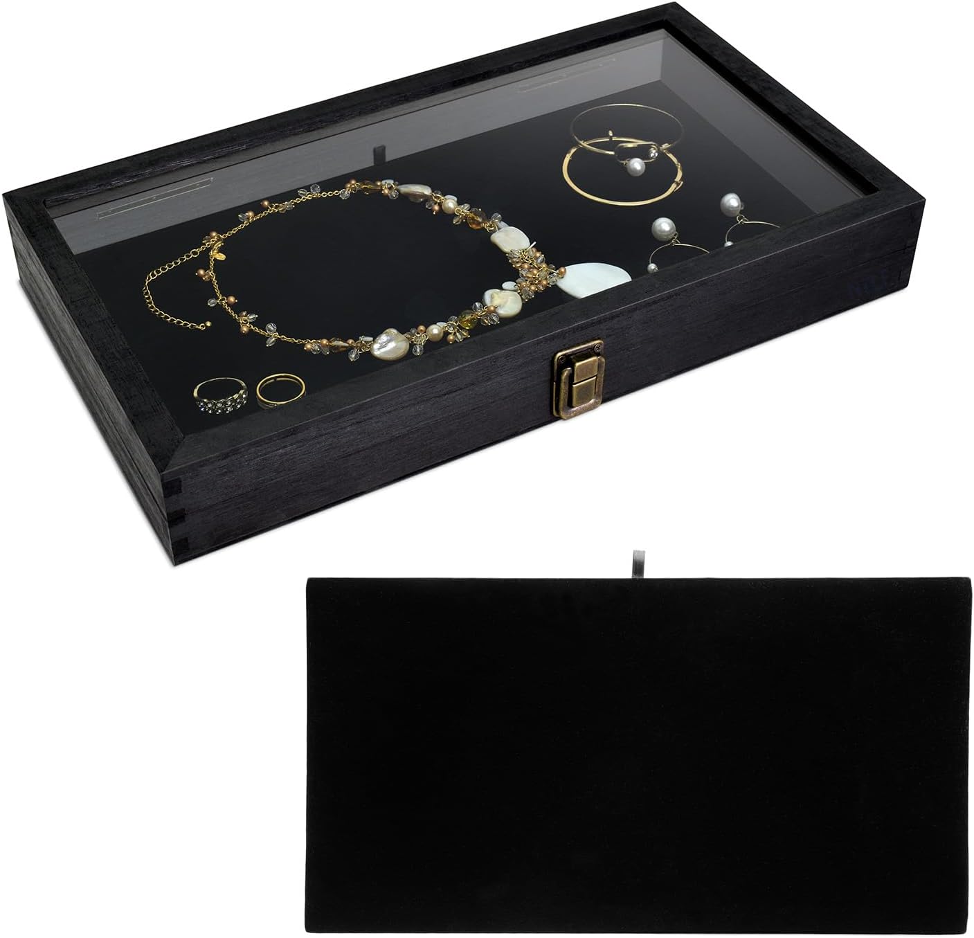 MOOCA Wooden Jewelry Display Case, Pocket Knife Display Case with Tempered Glass Top Lid and Removable Black Luxurious MDF Velvet Jewelry Pad, Black Color