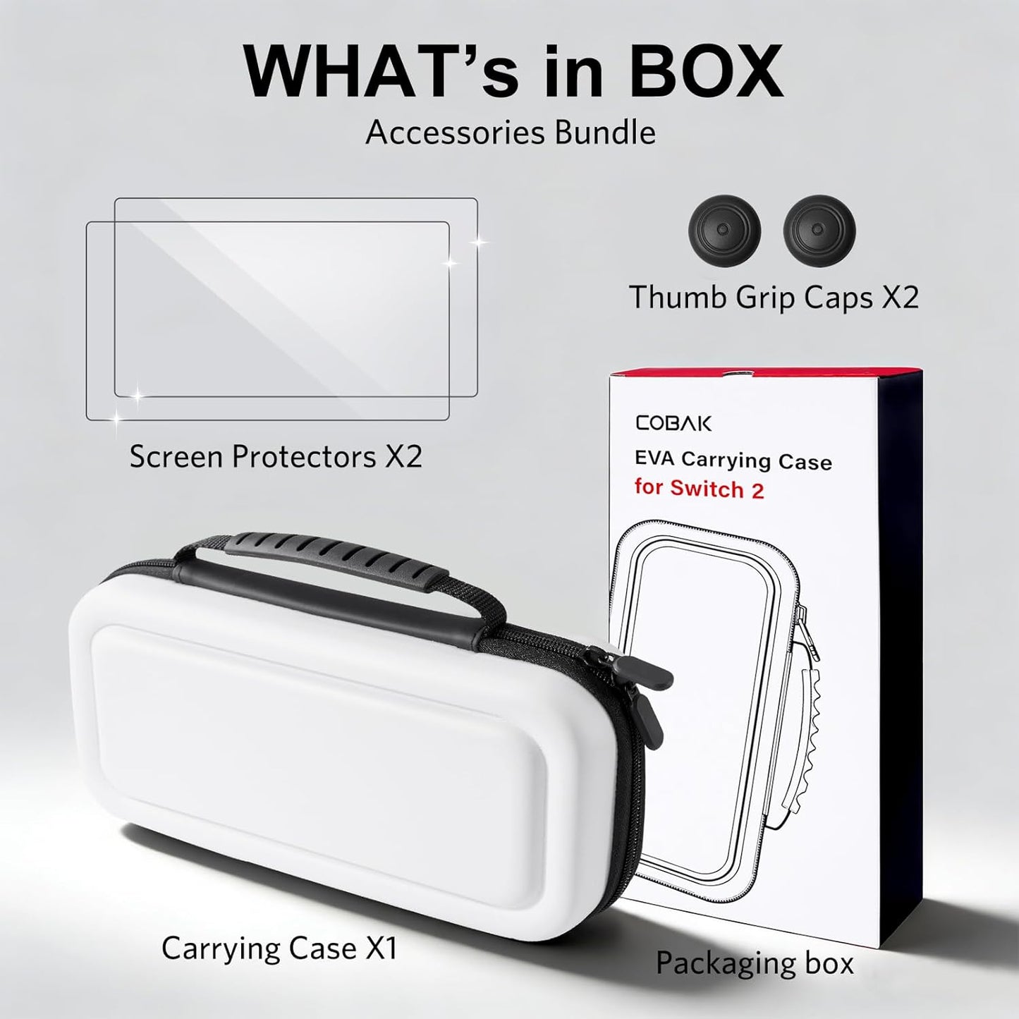 CoBak Large Capacity Carrying Case for Nintendo Switch 2 (2025) - 3 in 1 Accessories Bundle with 2 Screen Protectors, Thumb Grip Caps, 24 Game Cartridges, Hard Shell Portable Travel Pouch, White