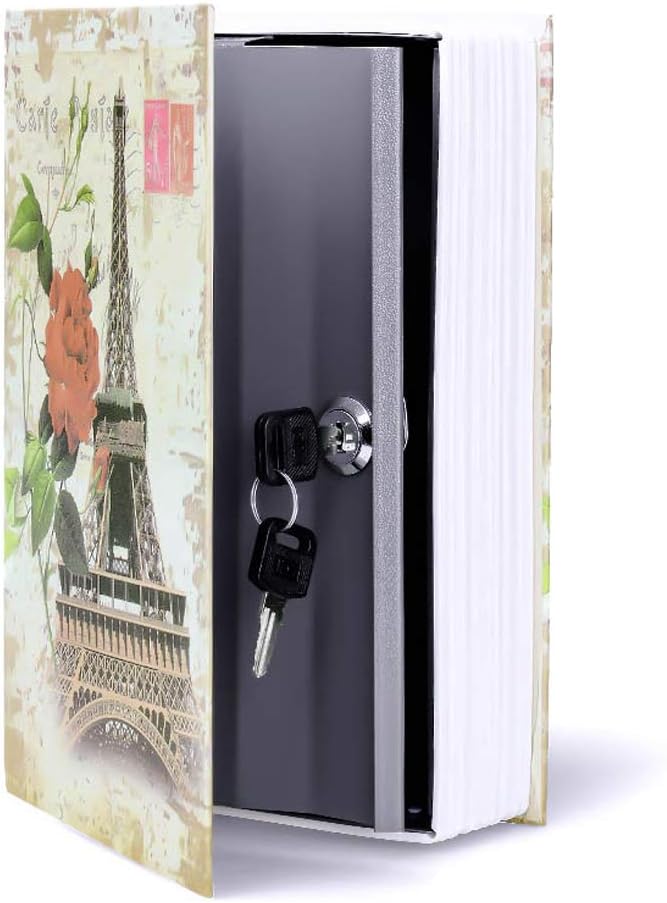 Diversion Book Safe Storage Box (9.5"×6"×2.2"), Dictionary Secret Safe Can with Security Key Lock, Diversion Book Hidden Safe (Paris-Key)