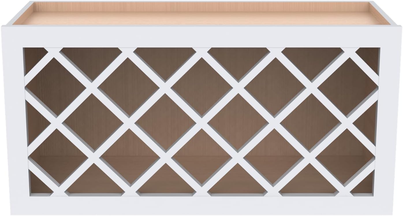 Solid Wood Wine Bottle Rack Wall Cabinet with Lattice Panels - Wine Holder and Storage for Bar, Pantry, Cellar - Mocha (White, 30'W 12'D 15'H)