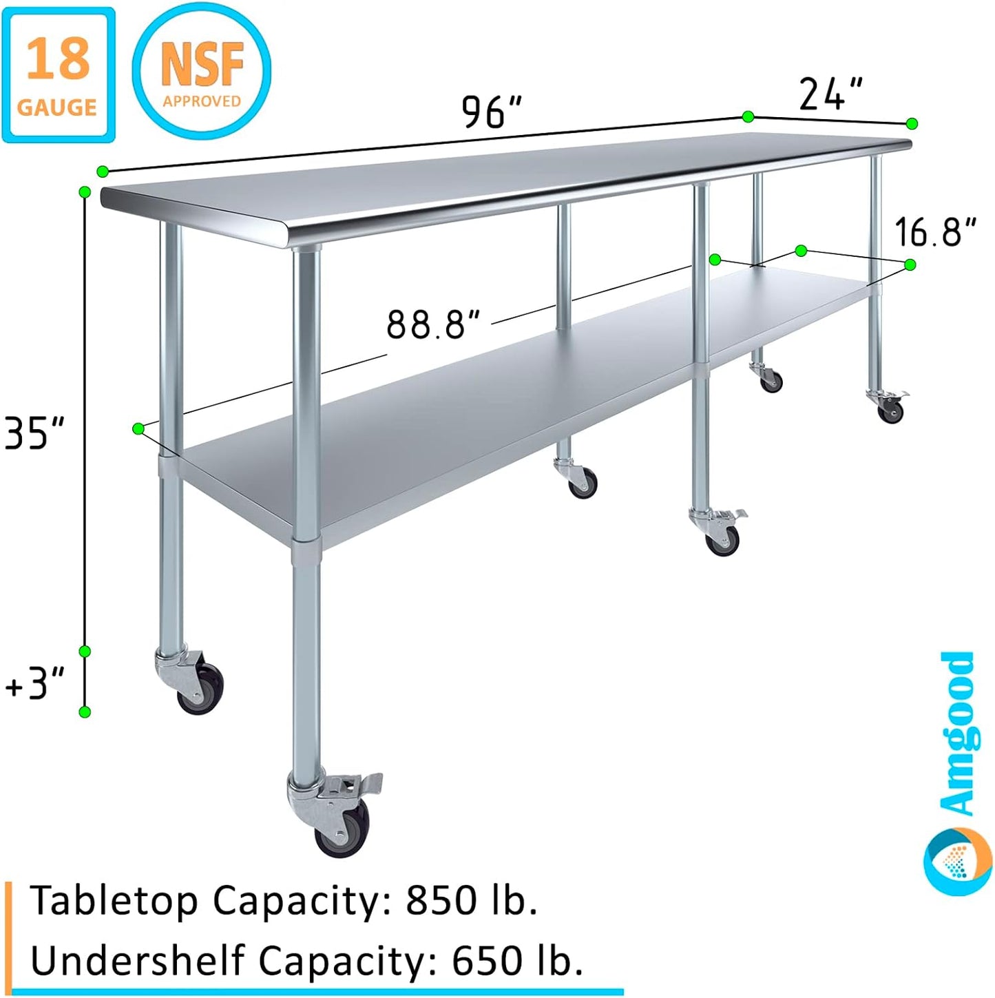 AmGood 24" x 96" Stainless Steel Work Table with Casters | Heavy Duty Metal Utility Table On Wheels | Kitchen Island Cart