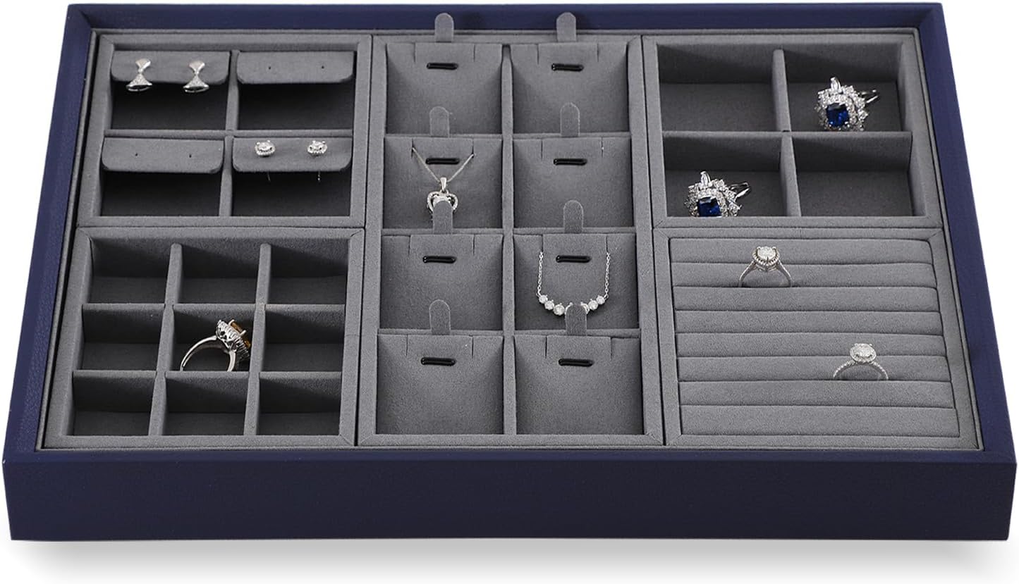 Dark Blue Jewelry Display Tray Ring Necklace Earring Bangle Organizer Multifunctional Storage Case for Jewelry Showcase (Long 8 Grids Pendant Tray)