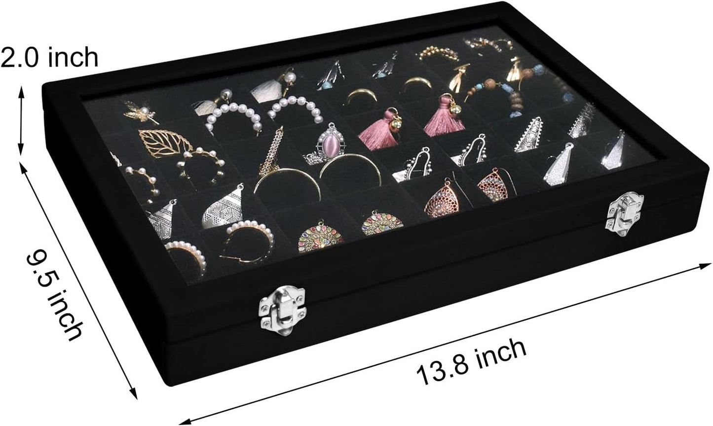 Velvet Jewelry Tray 48 Grid Jewelry Display Tray Organizer Box with Transparent Lid Rings Earrings Necklaces Pendants Display Box Suitable for Women and Girls (Black)