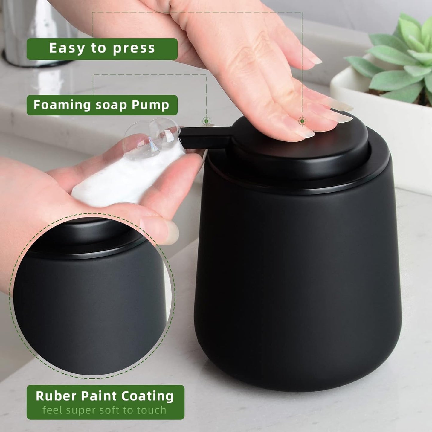 Black Bathroom Accessories Set 3 pcs - Ceramic Foaming Bathroom Soap Dispenser Set Farmhouse Black Bathroom Decor, Foam Soap Dispenser and Toothbrush Holder/Tumbler Cup, Tray