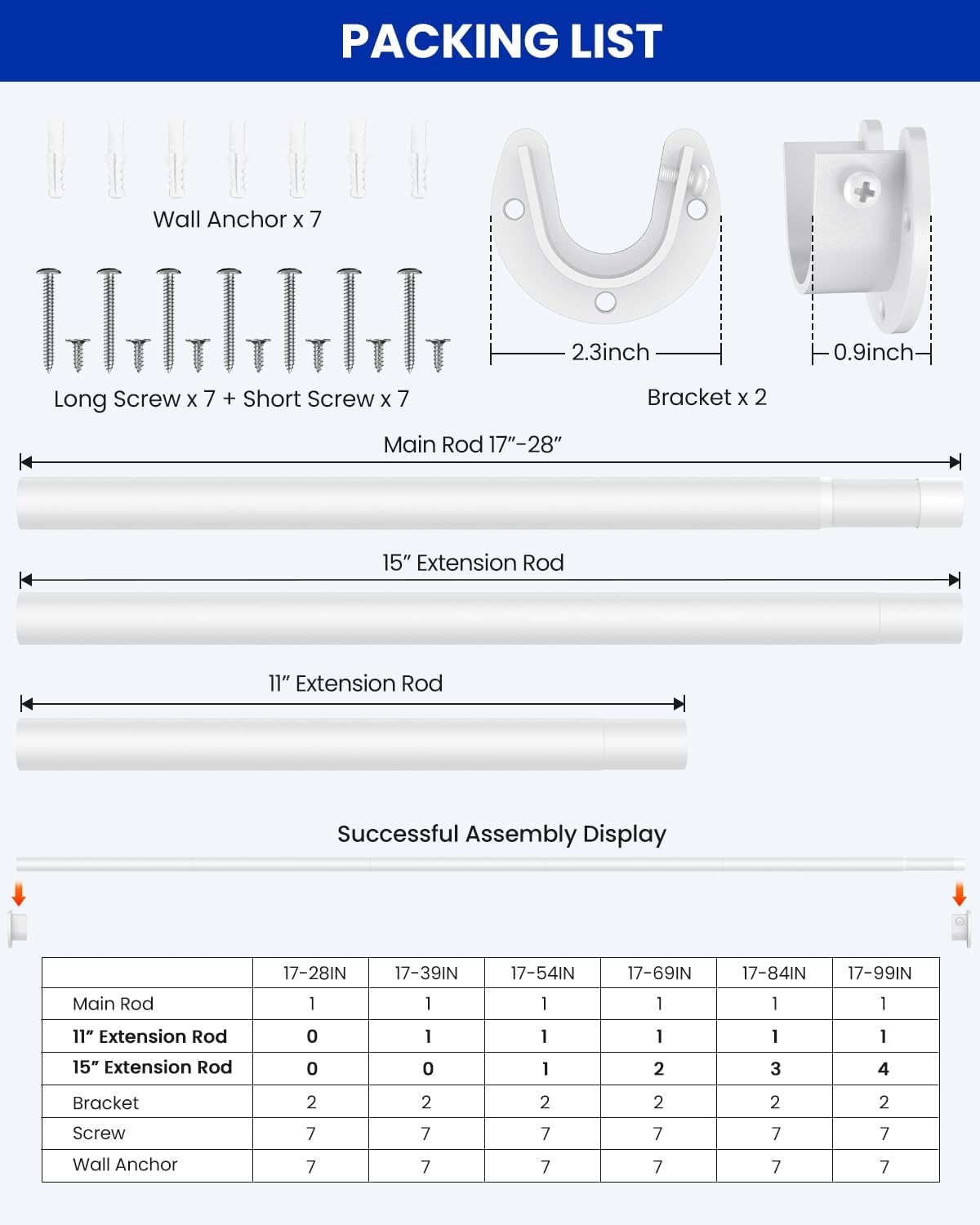 Closet Rods for Hanging Clothes, 17 to 54 Inches Stepless Adjustable Metal Closet Rod, 1.3 Inches Heavy Duty Clothes Hanging Rod for Closet Wardrobes Laundry RV, White