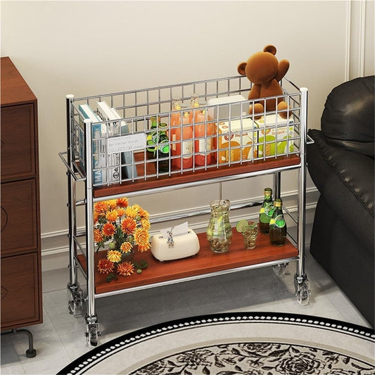 Slim Storage Cart with Wheels, 2 Tier Rolling Cart with Solid Wood Open Shelf, Space-Saving Snack Cart, Utility Cart for Kitchen, Bathroom, Living Room