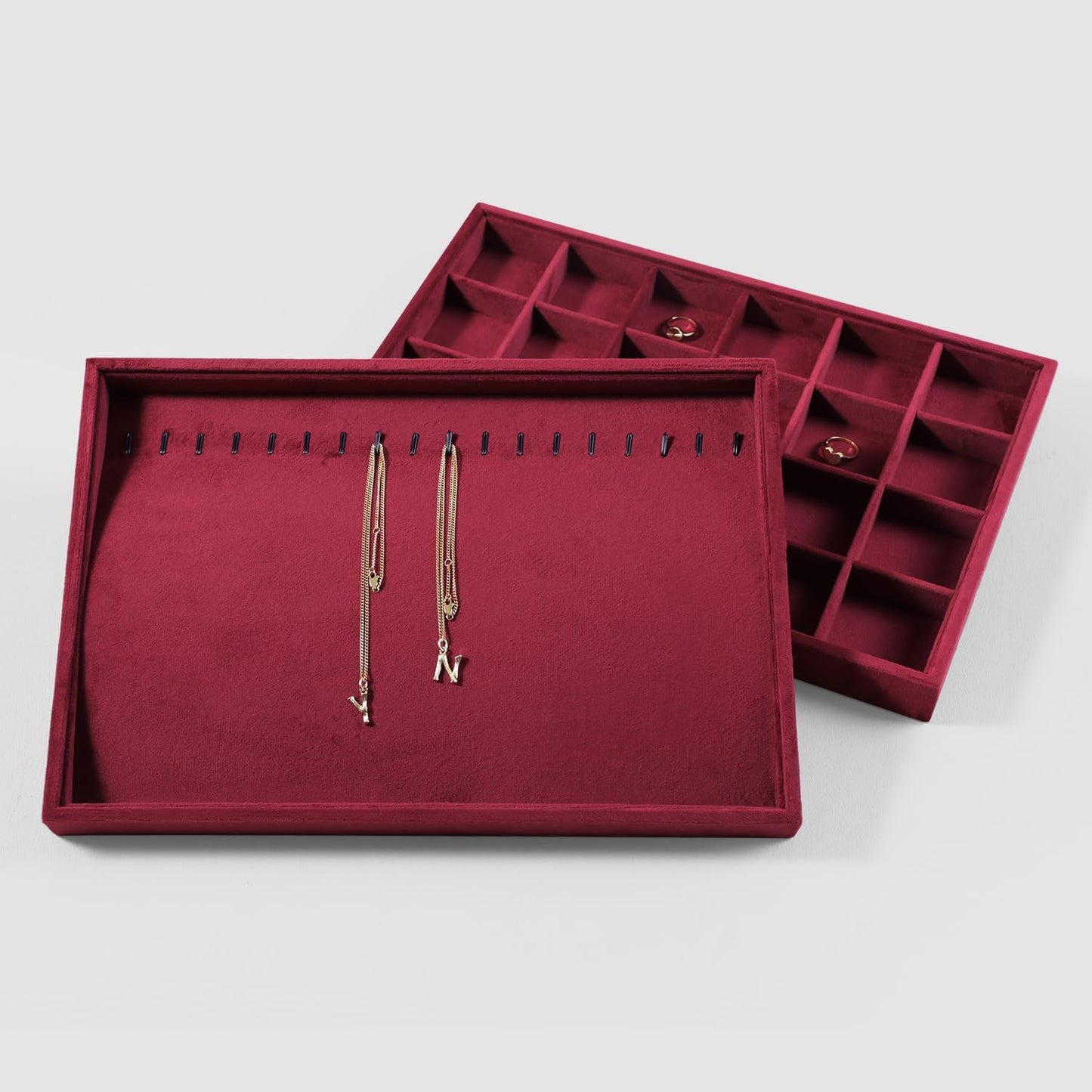 Velvet Jewelry Display Tray For Bracelet Pendant Necklace, Multi-Slot Stackable Storage Tray For Long Chain Jewelries, Drawer Insert Jewelry Organizer (Red)