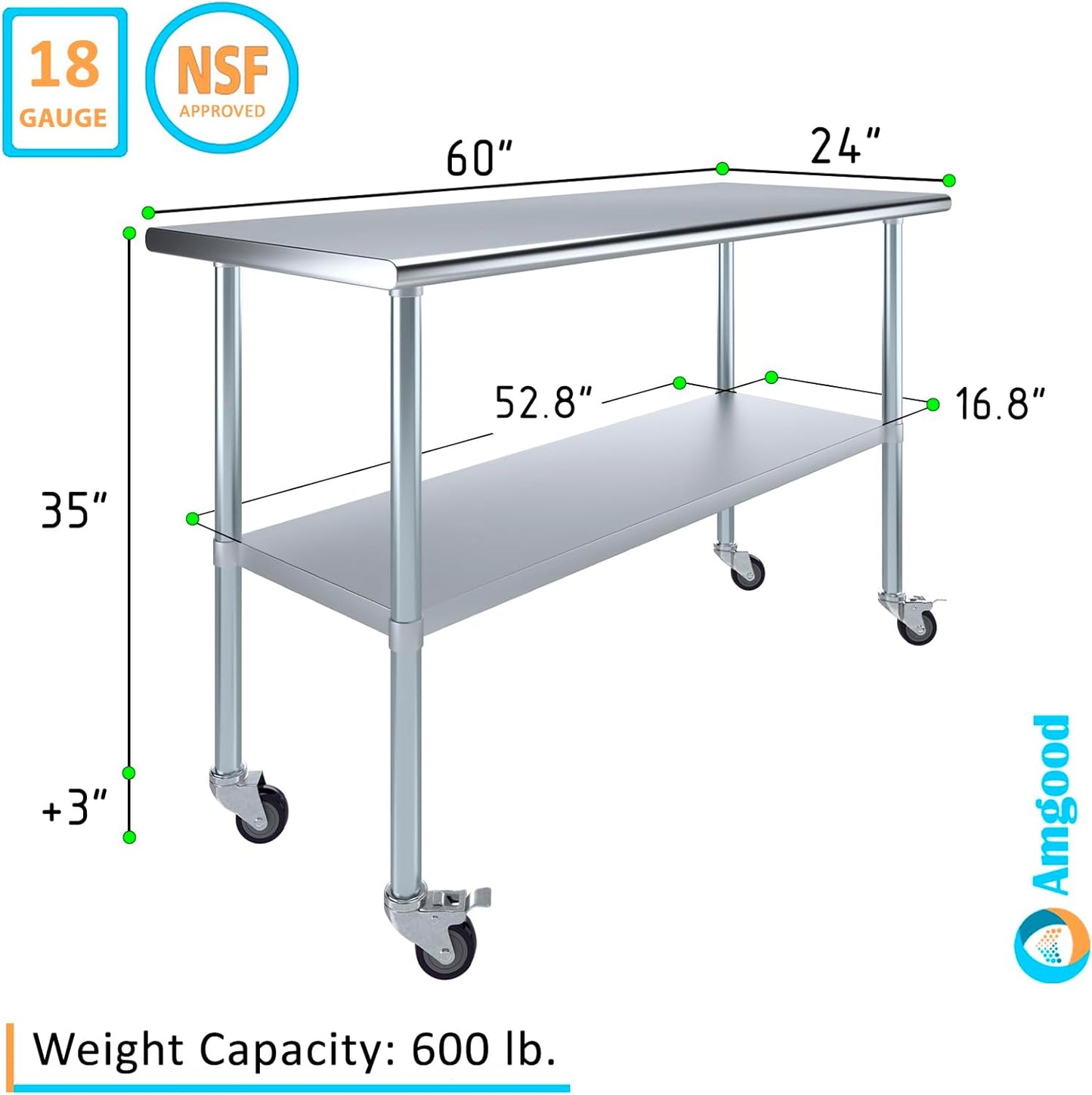 AmGood 60" Long x 24" Deep Stainless Steel Table with Casters