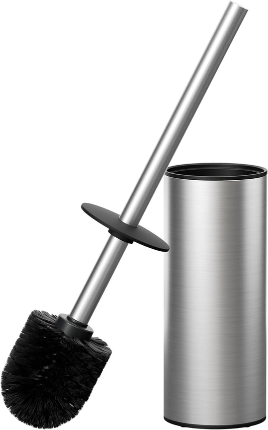 FORIOUS Toilet Brush and Holder Set Brushed Nickel, Heavy Duty 304 Stainless Steel Base and Long Handle Toilet Bowl Cleaners Brush, for Bathroom Storage and Organization, 2 Brush Head