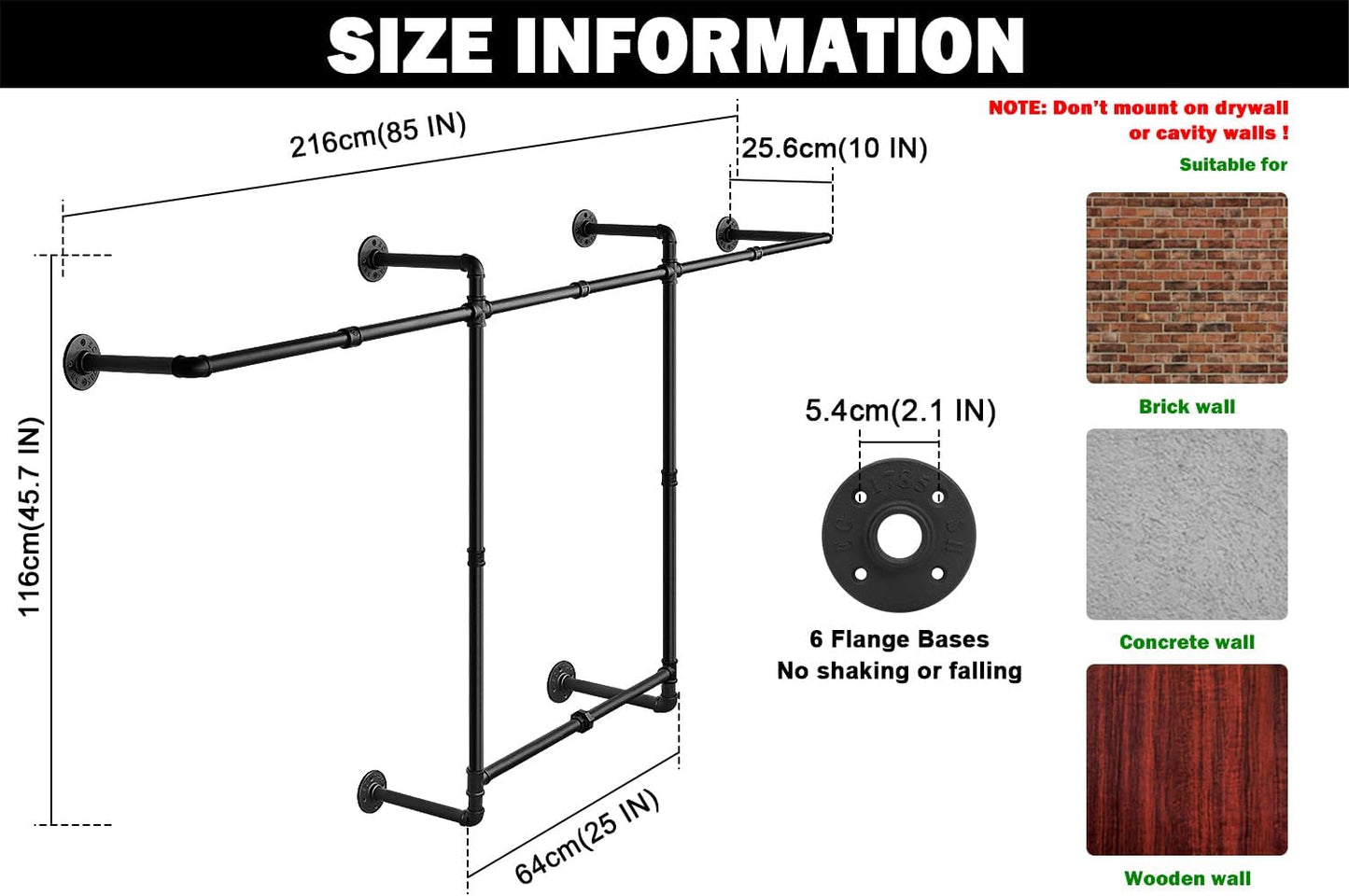 Livabber Industrial Pipe Clothes Rack, Heavy Duty Detachable Iron Garment Rack Wall Mounted, Rustic Saving Space Clothes Bar Multi-Purpose Hanging Rod for Bedroom, Closet, 2 Tier, Black (82 Inch)
