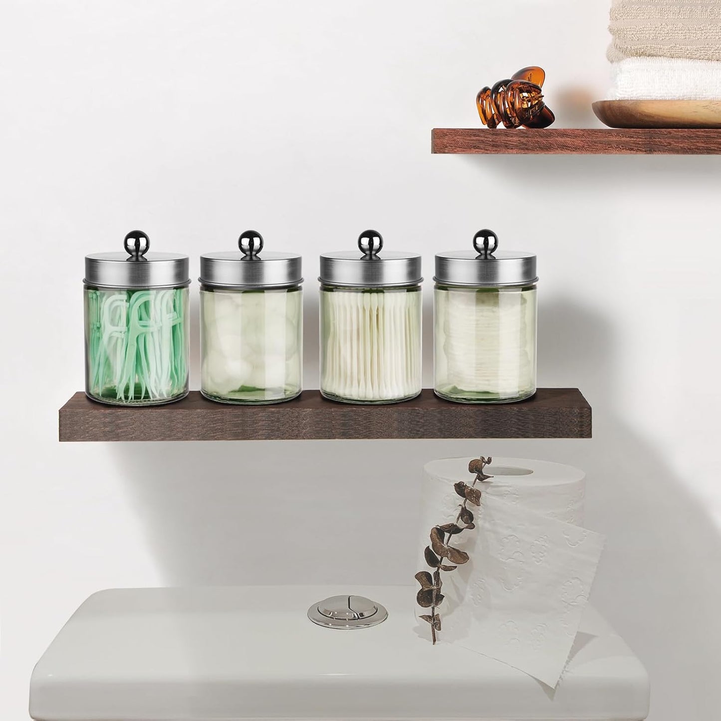 Amolliar Sage Green Qtip Holder, Glass Apothecary Jar Metal Lid & Sticker, Bathroom Qtip Dispenser Storage Canister, Perfect for Cotton Balls, Swabs, Round Pads, Bath Salt, Floss,Brushed Nickel 2 Pack